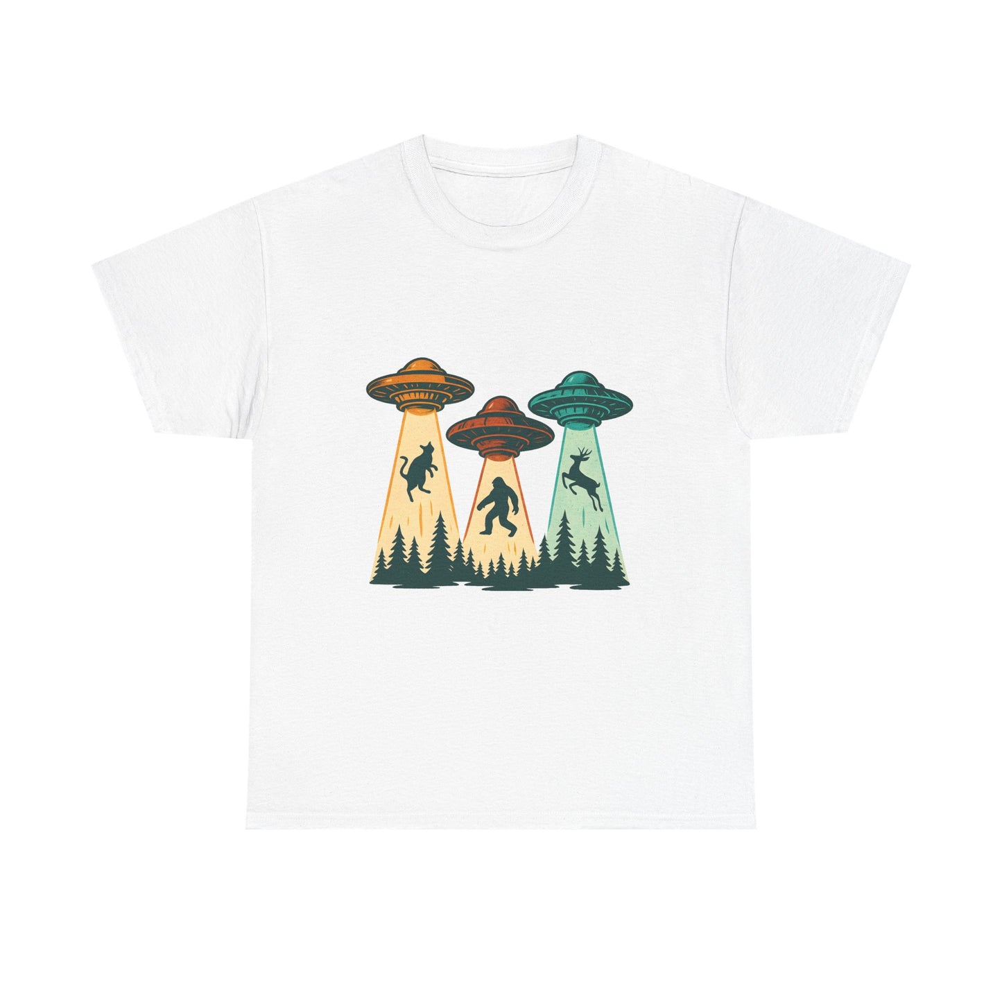 Alien Abduction UFO Tee — Retro Forest Beams T‑Shirt