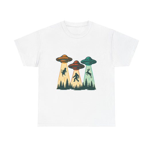 Alien Abduction UFO Tee — Retro Forest Beams T‑Shirt