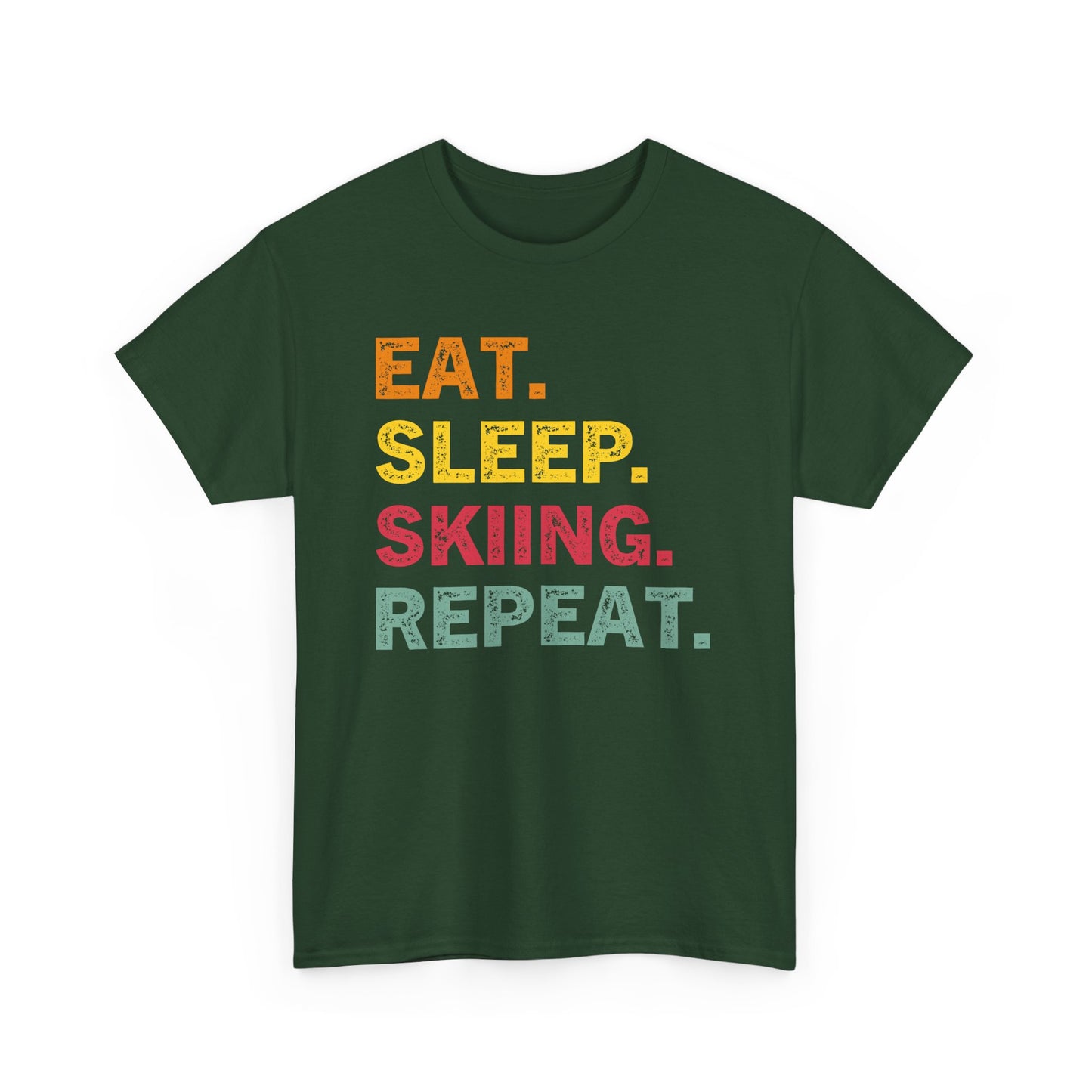 Ski T-Shirt — “Eat. Sleep. Skiing. Repeat.” Retro Colorblock Skiing Tee