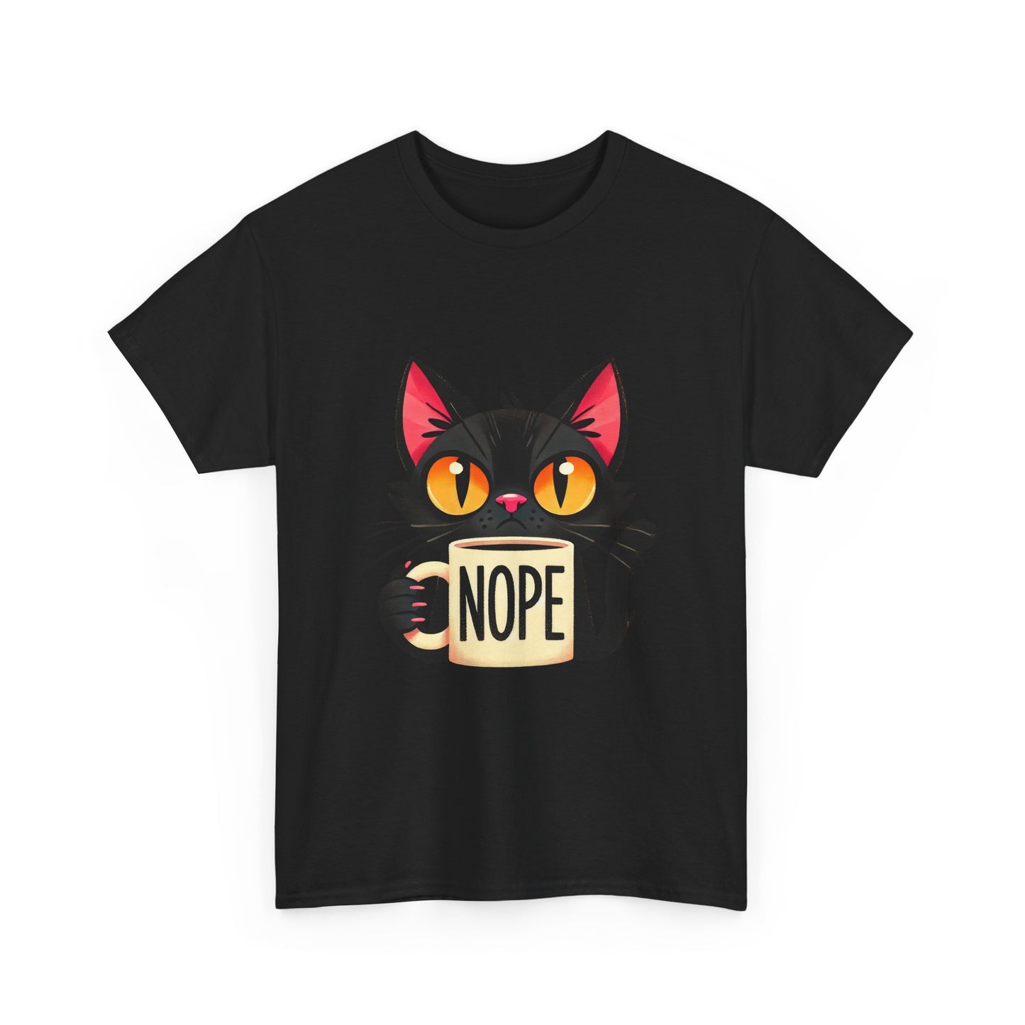Cat 'Nope' T-Shirt — Cute Black Cat Holding 'NOPE' Mug Graphic Tee