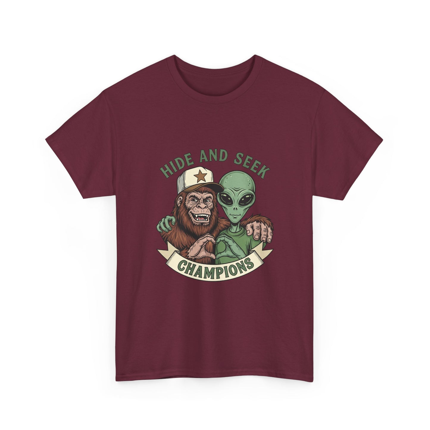 Hide and Seek Champions T-Shirt — Bigfoot & Alien Graphic Tee