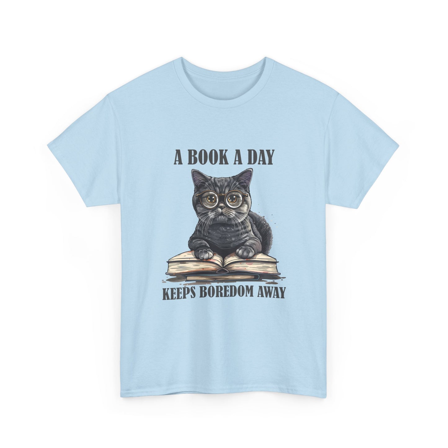 T-Shirt — "A Book a Day Keeps Boredom Away" Cat Reading Graphic Tee