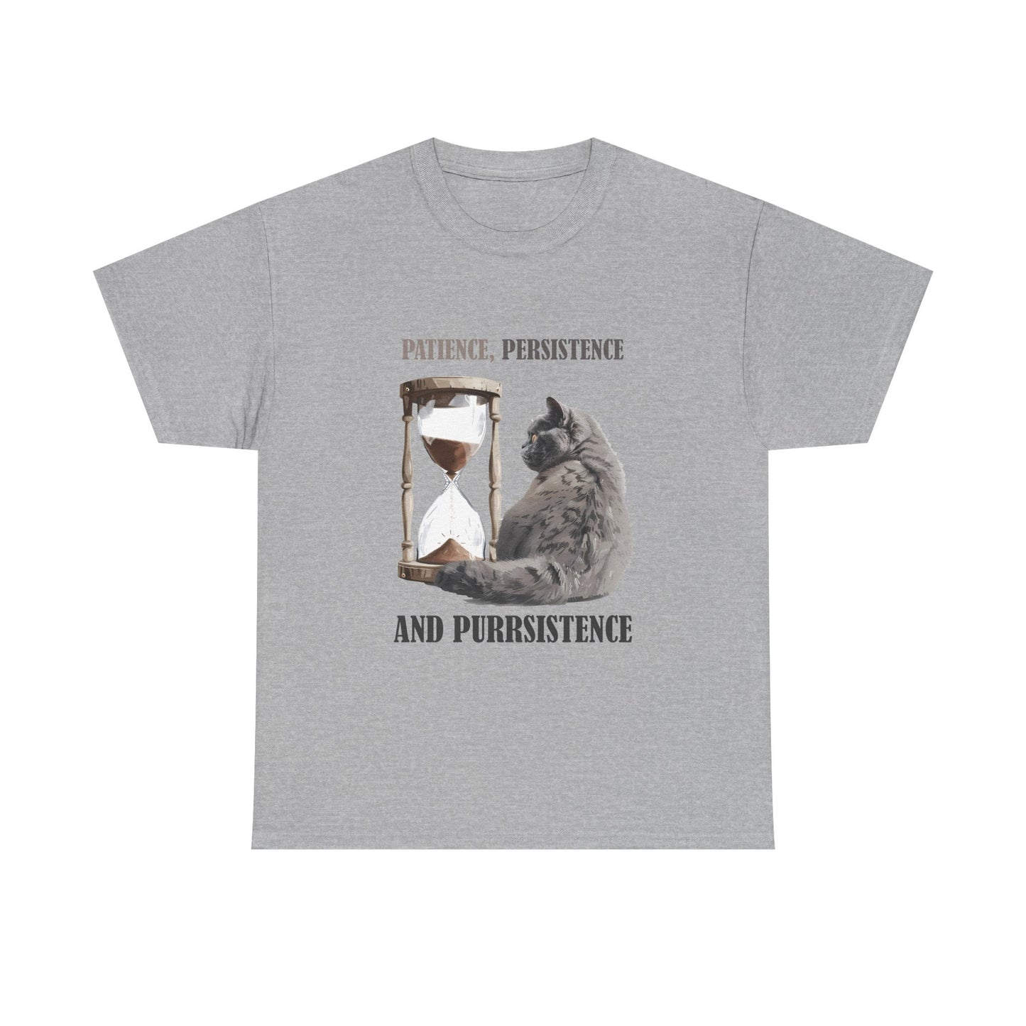 Cat Hourglass T‑Shirt — "Patience, Persistence and Purrsistence" Funny Cat Tee