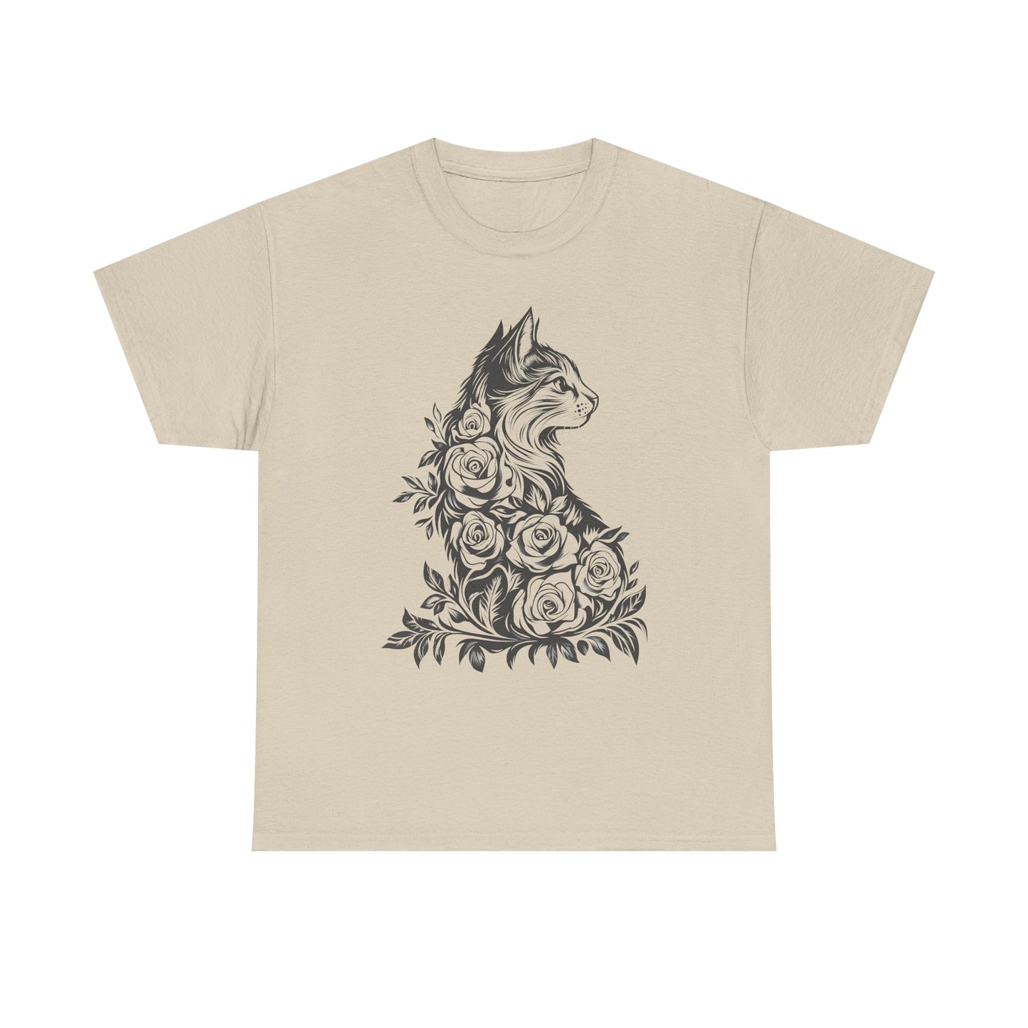 Floral Cat Tee — Vintage Black & White Cat with Roses T-Shirt