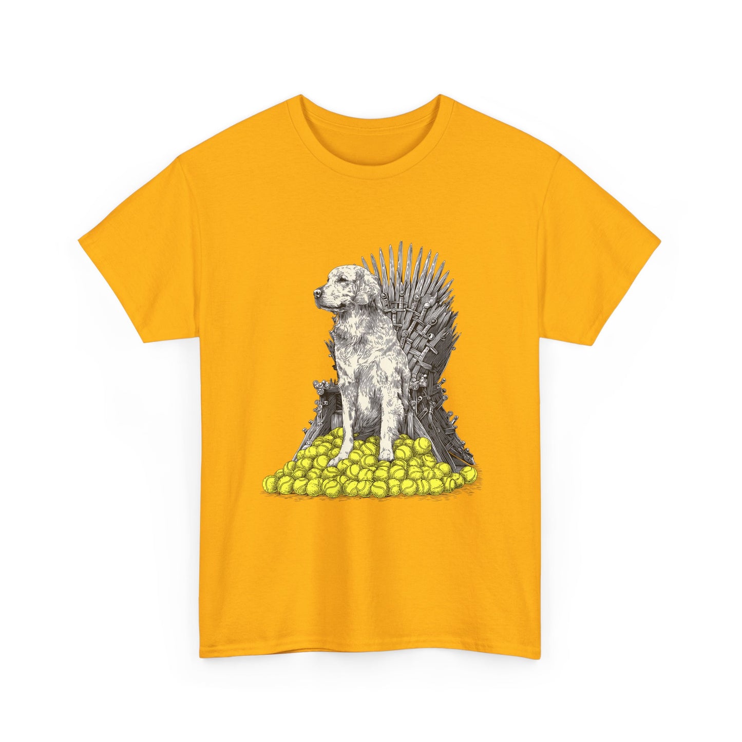 Dog Throne T‑Shirt — Dog on Iron Throne of Tennis Balls Graphic Tee