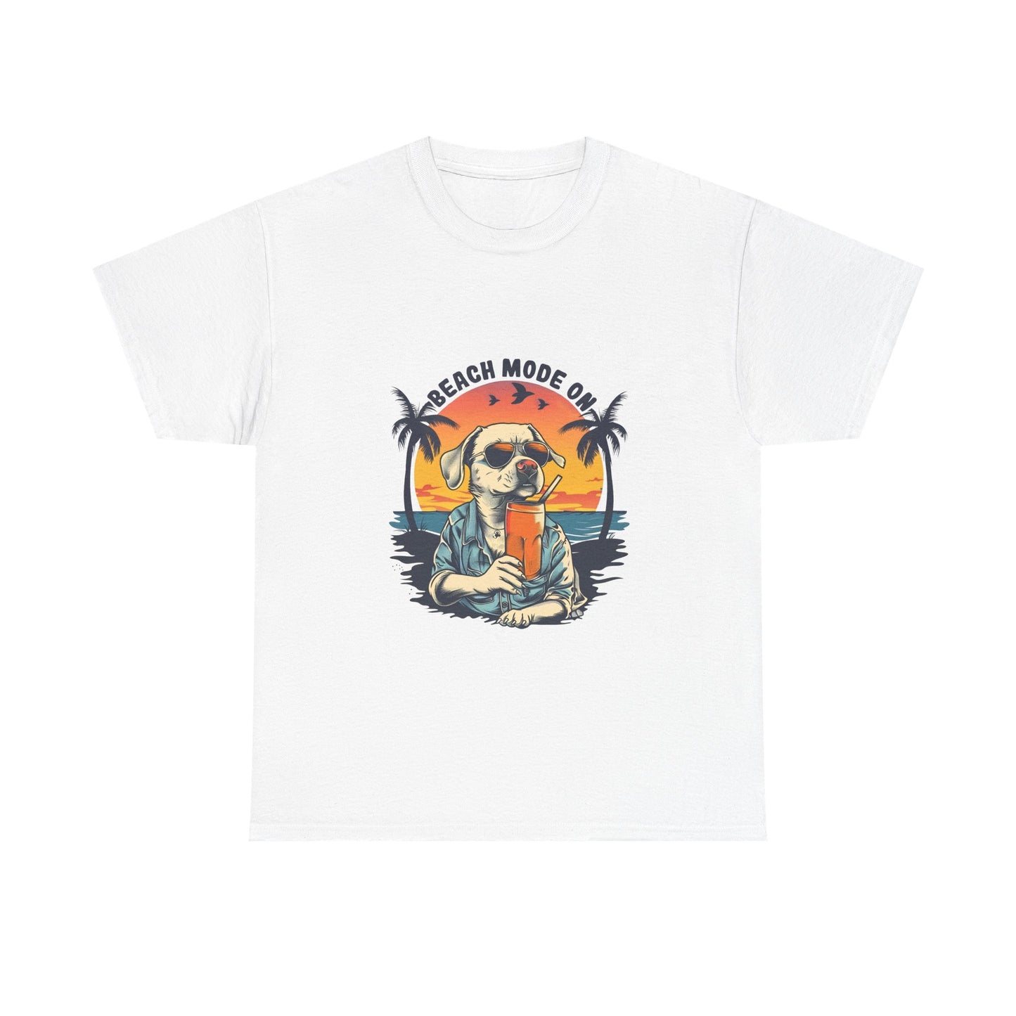 Beach Mode On T-Shirt - Retro Sunglasses Dog Drinking Cocktail, Summer Vacation Tee