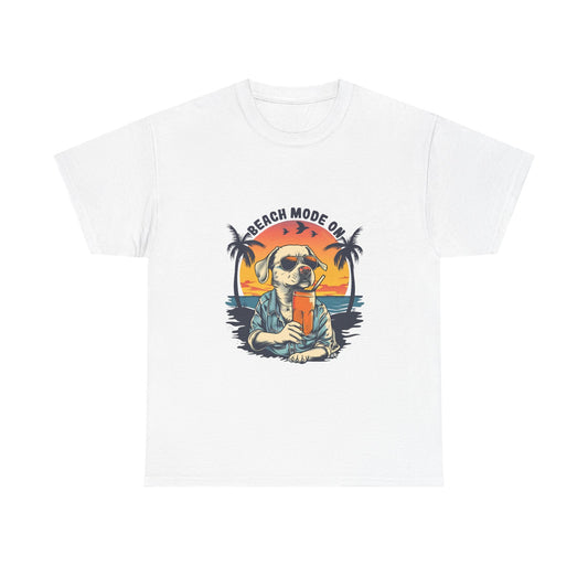 Beach Mode On T-Shirt - Retro Sunglasses Dog Drinking Cocktail, Summer Vacation Tee