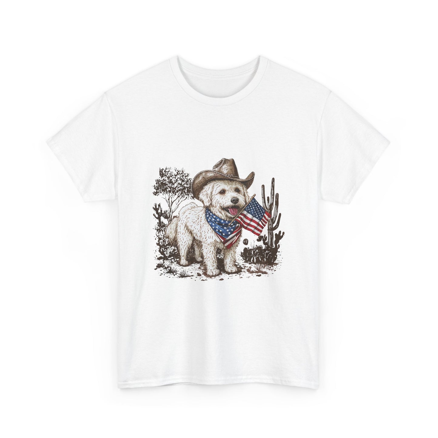 Patriotic Puppy Tee — Cowboy Dog with American Flag