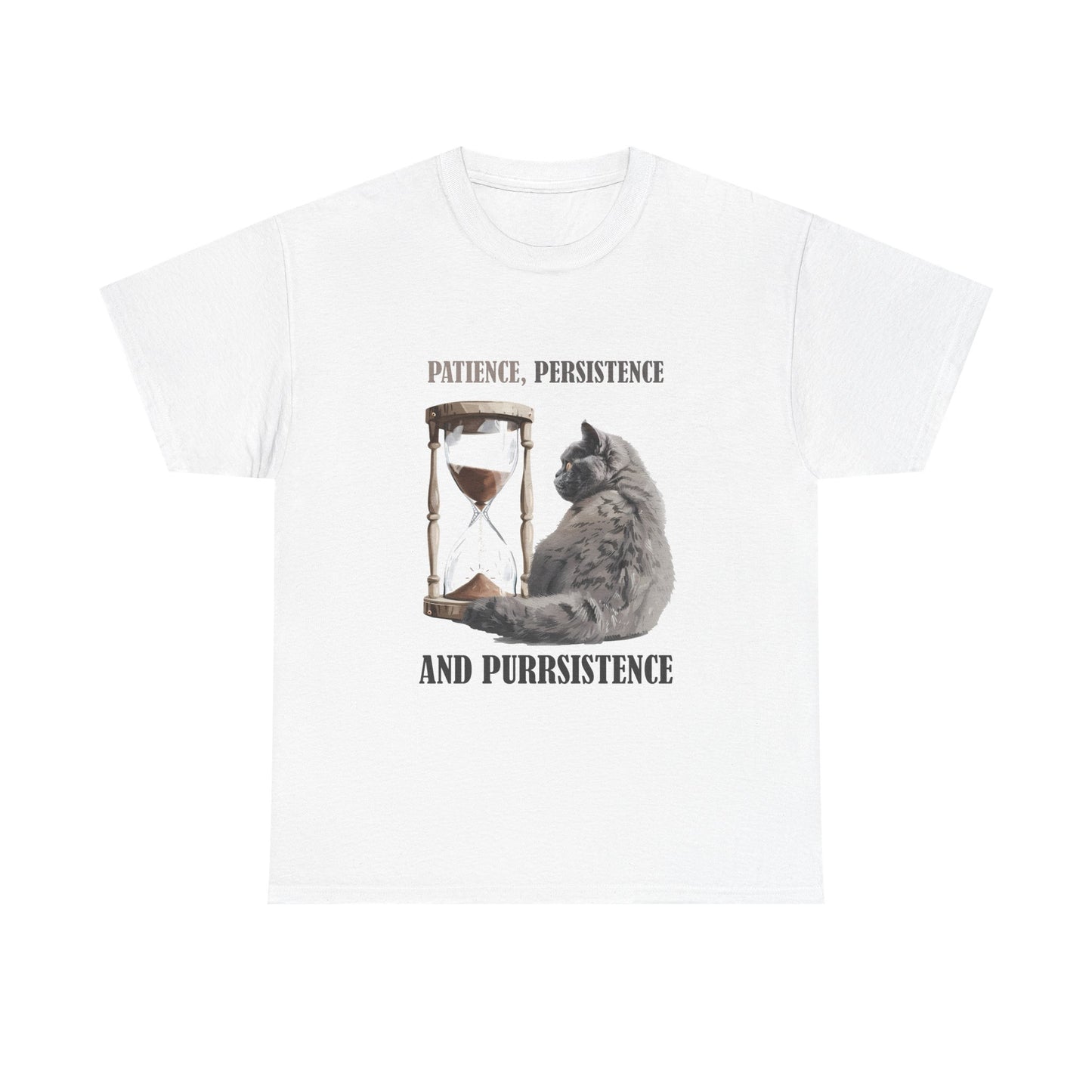 Cat Hourglass T‑Shirt — "Patience, Persistence and Purrsistence" Funny Cat Tee