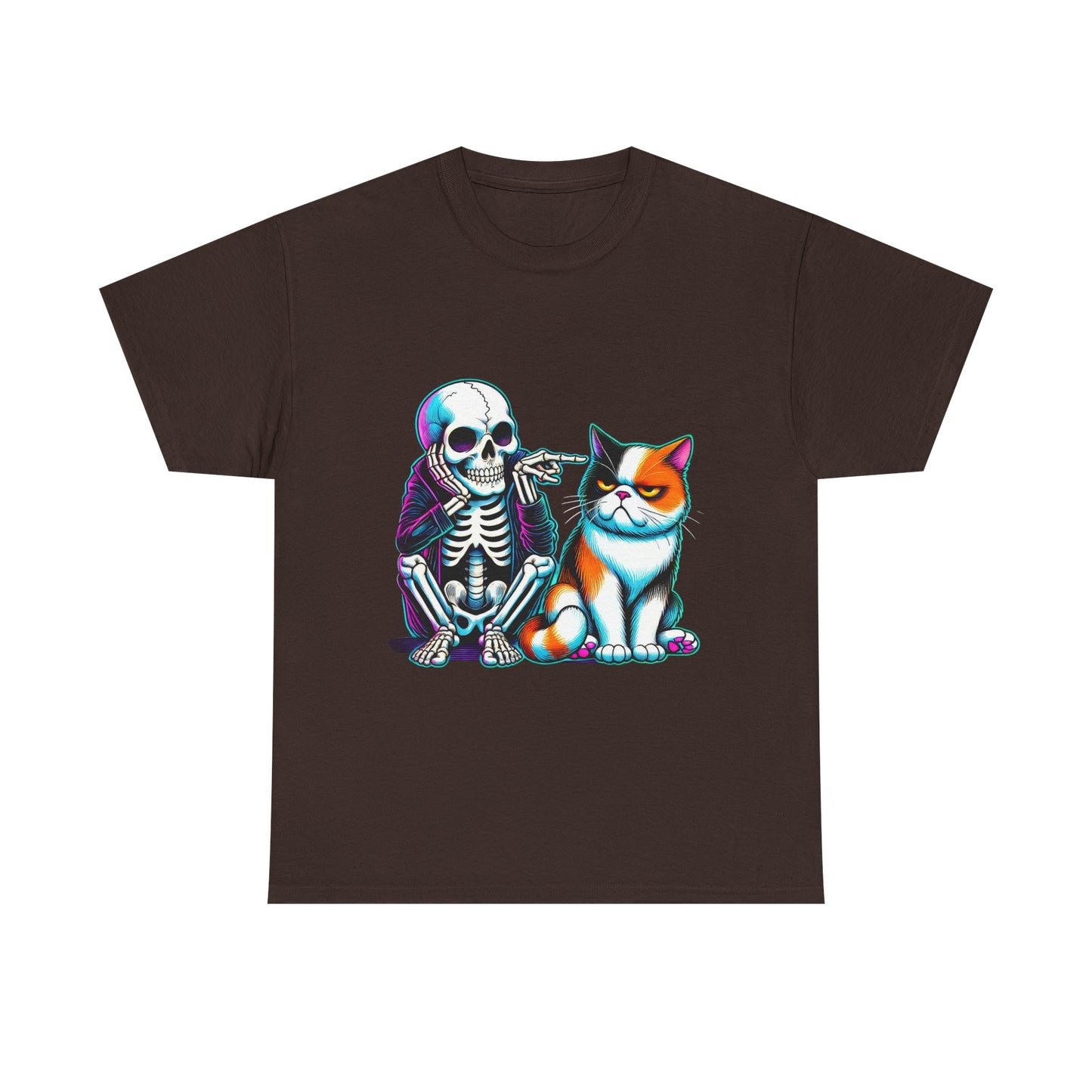 Skeleton & Cat Graphic Tee — Retro Neon Spooky Cat Shirt