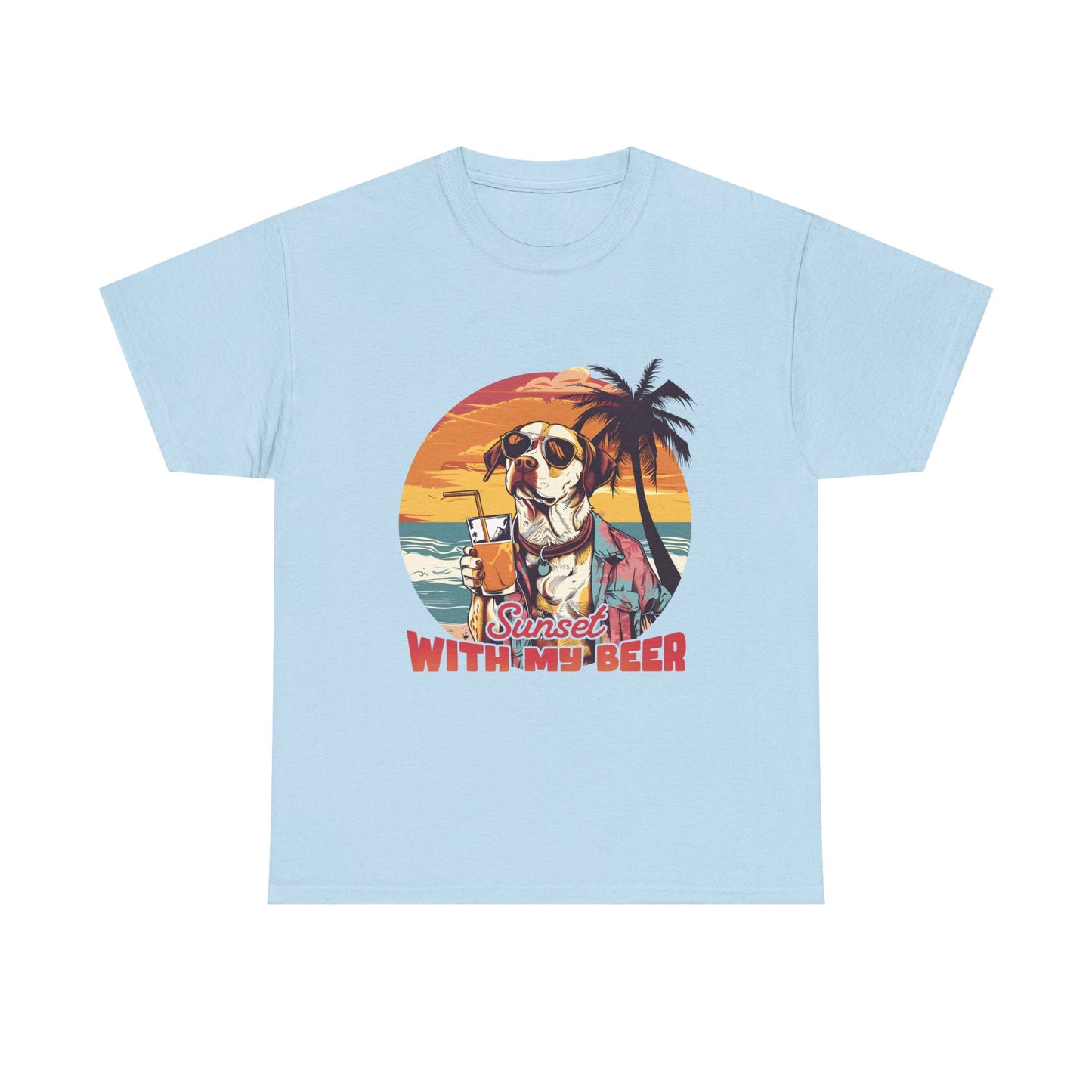 T-Shirt — Sunset With My Beer Dog Graphic Tee — Retro Tropical Beach Vibes