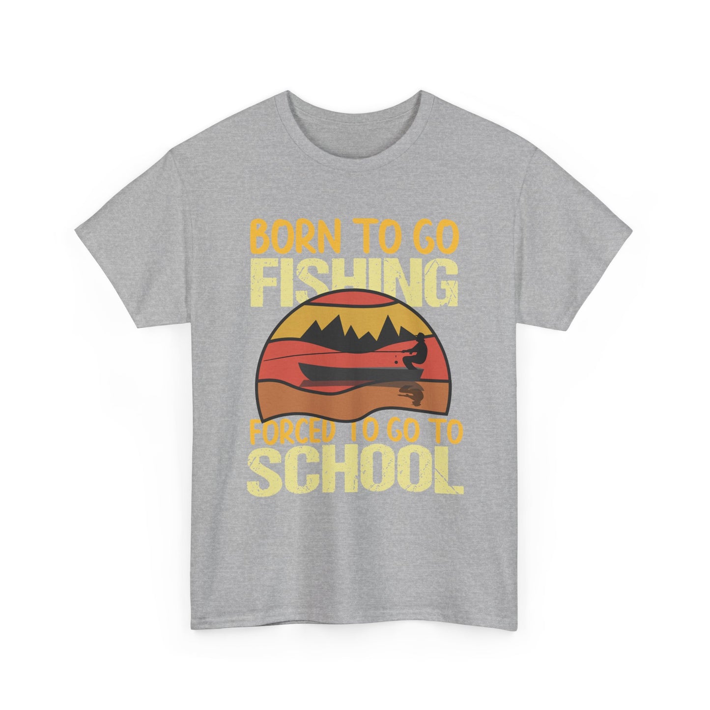 Fishing Graphic Tee - "Born to Go Fishing, Forced to Go to School" Retro Sunset T-Shirt for Kids & Teens