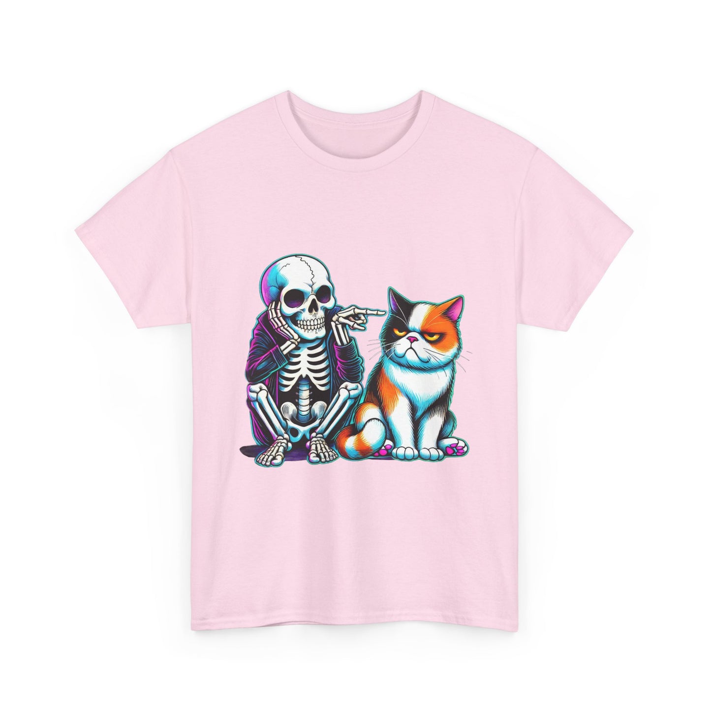 Skeleton & Cat Graphic Tee — Retro Neon Spooky Cat Shirt
