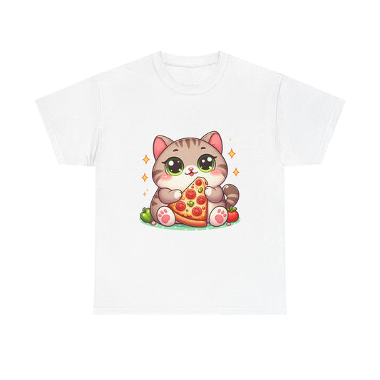 Cute Cat Eating Pizza T-Shirt — Kawaii Cat Pizza Tee
