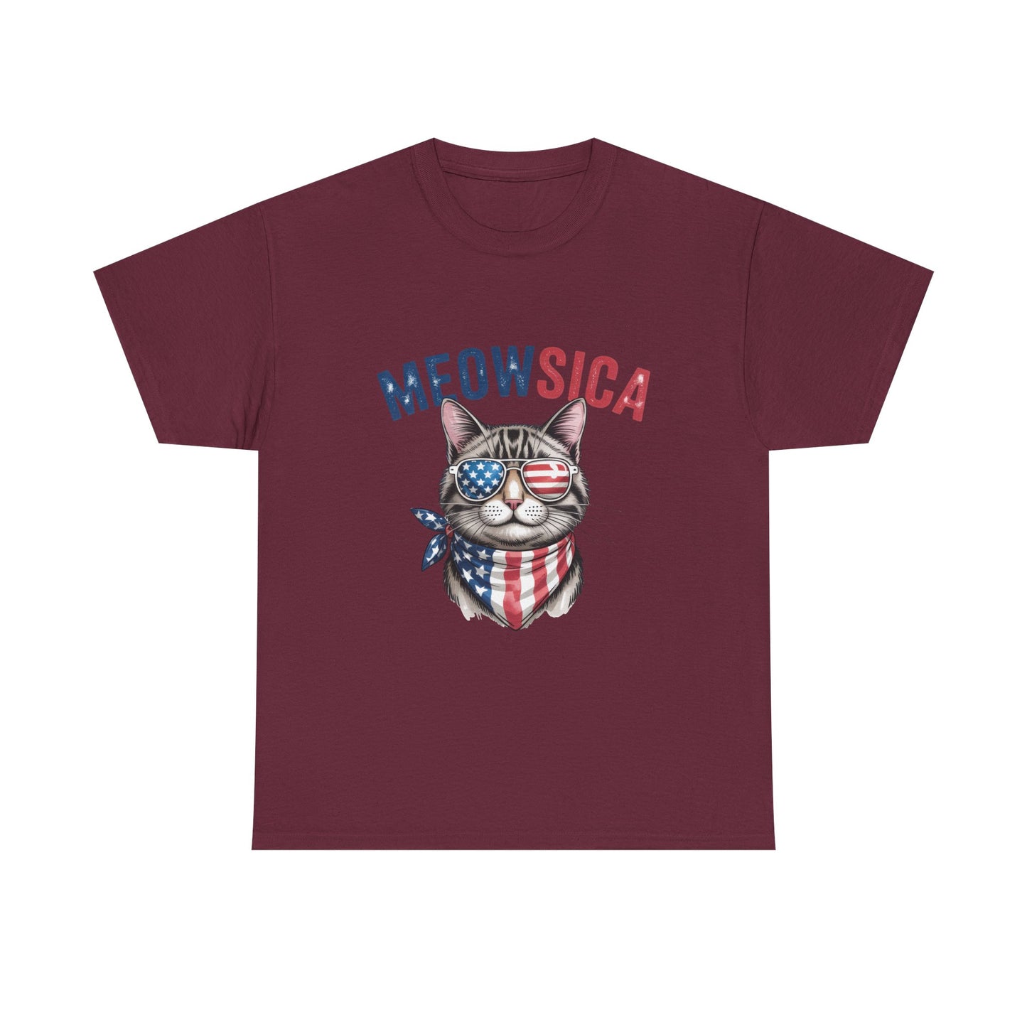 Meowsica Cat T‑Shirt — Patriotic American Flag Kitty Tee
