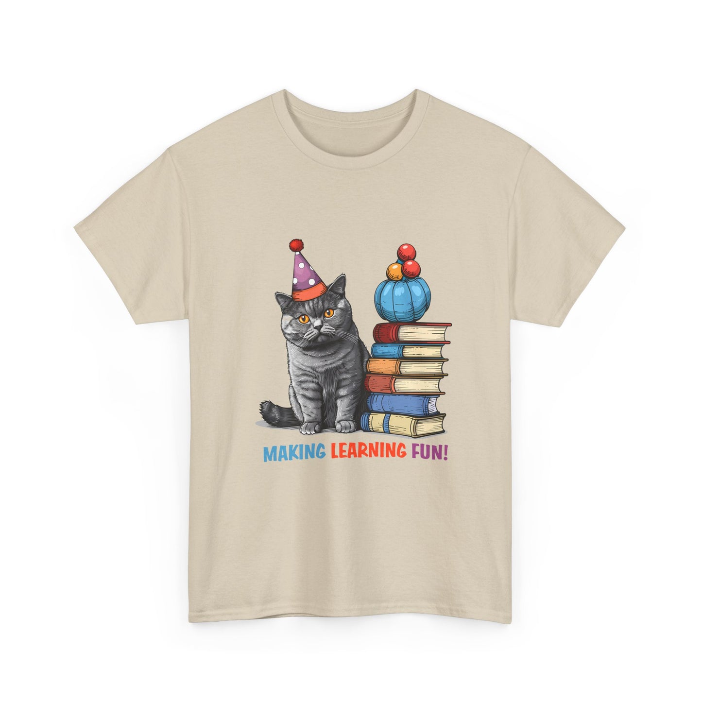 Cat Teacher T-Shirt — "Making Learning Fun!" Cute School Cat with Books Tee