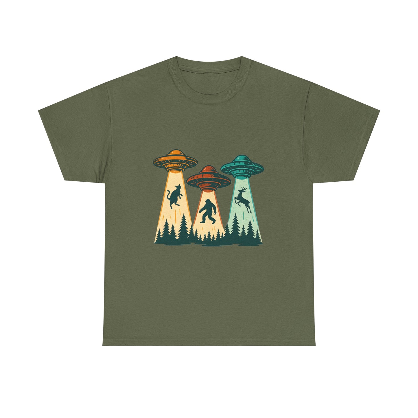 Alien Abduction UFO Tee — Retro Forest Beams T‑Shirt