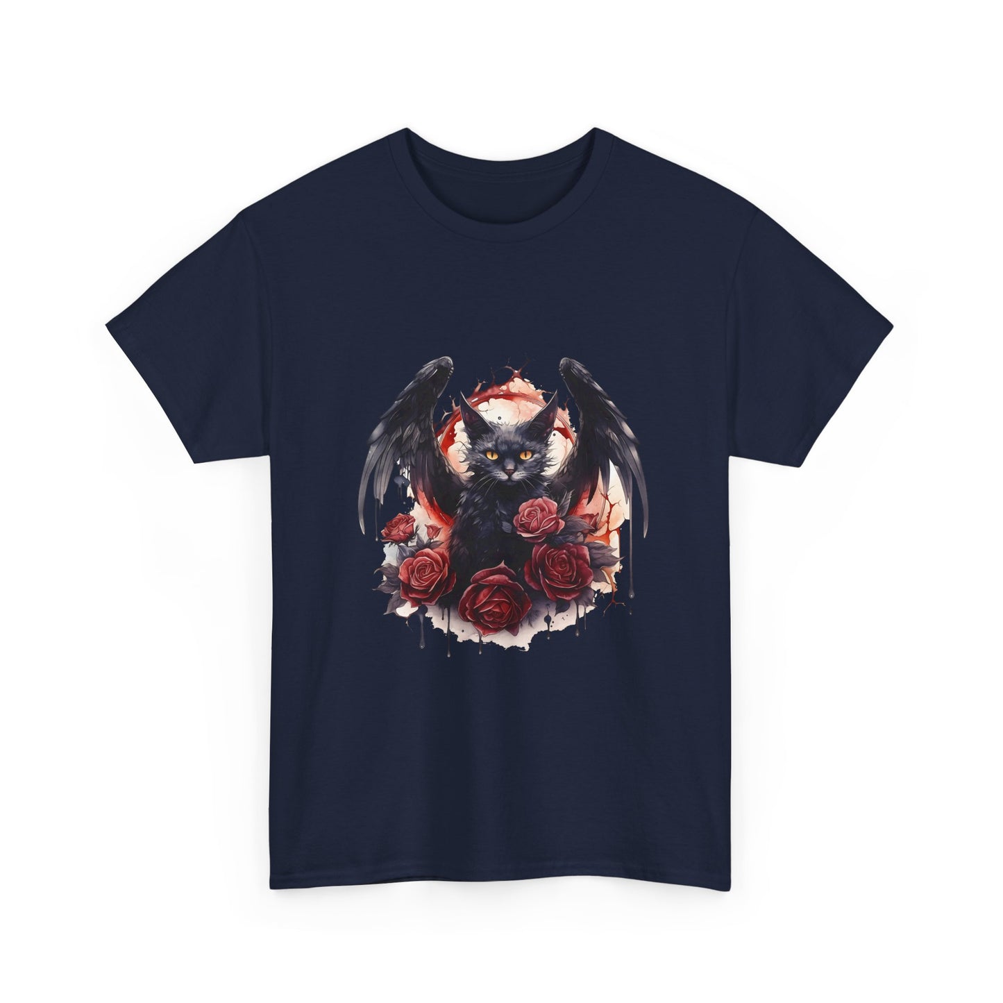 Cat Demon Tee — Gothic Bat-Wing Cat with Roses Graphic Shirt