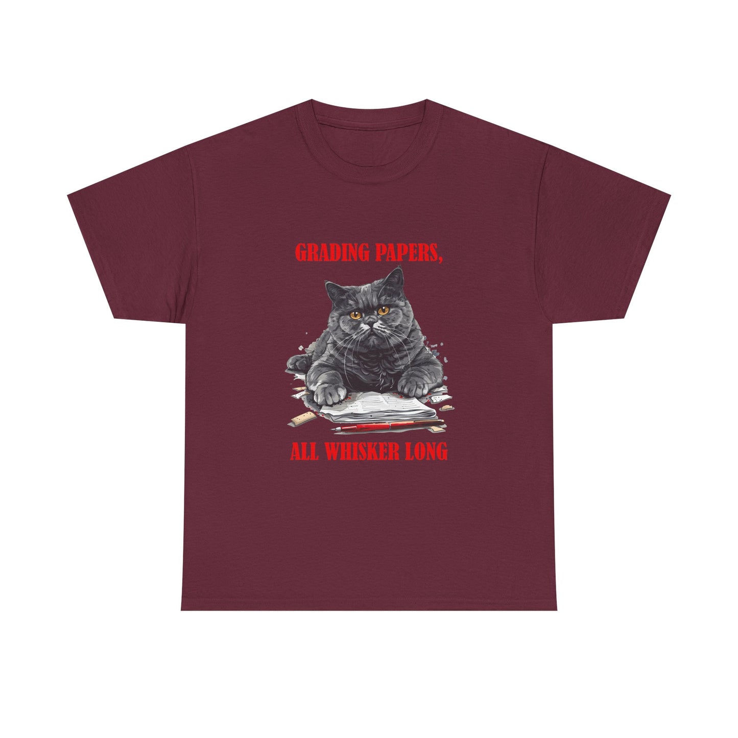 Teacher Cat T-Shirt — "Grading Papers, All Whisker Long" Funny Teacher Gift