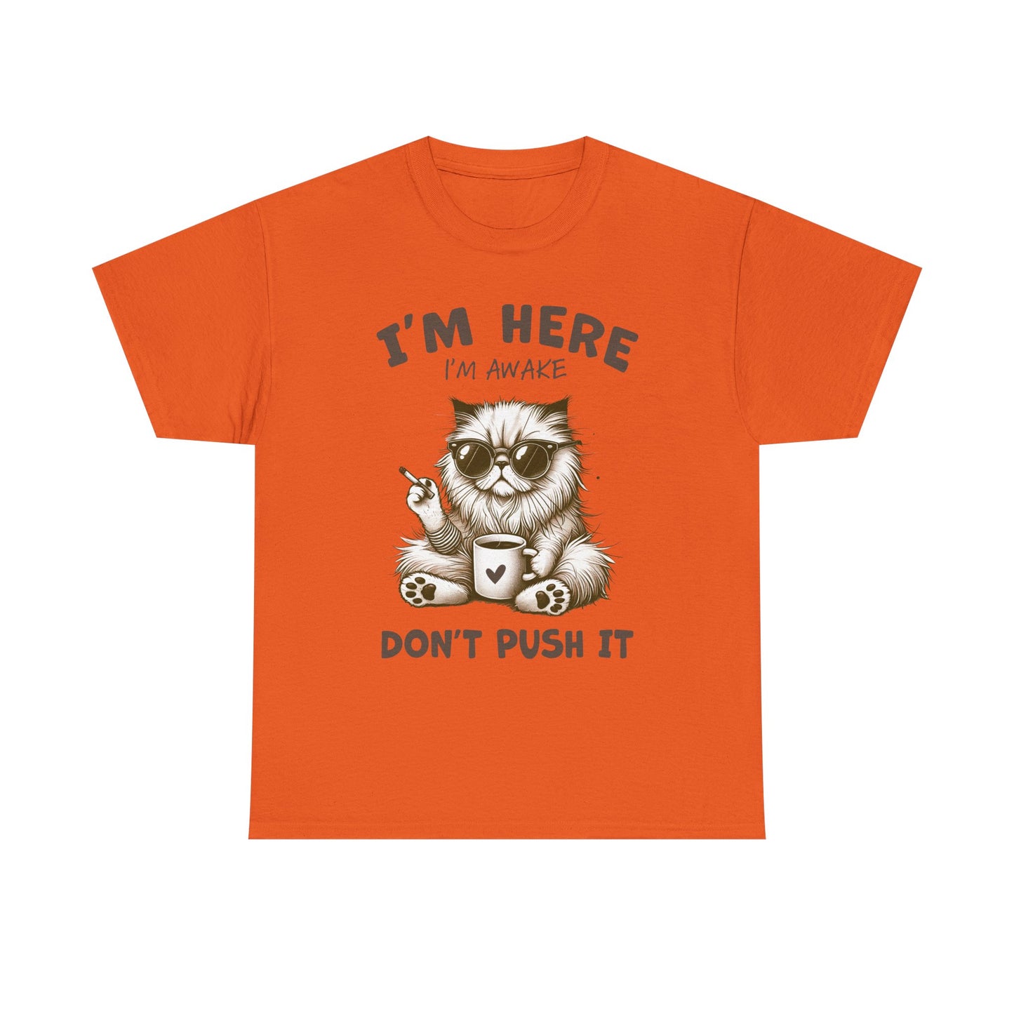 I'm Here I'm Awake Don’t Push It Cat T-Shirt — Funny Coffee Cat Tee for Cat Lovers