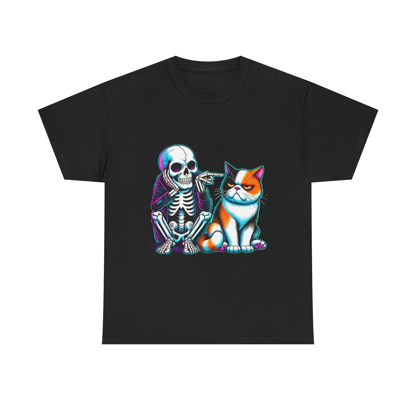 Skeleton & Cat Graphic Tee — Retro Neon Spooky Cat Shirt