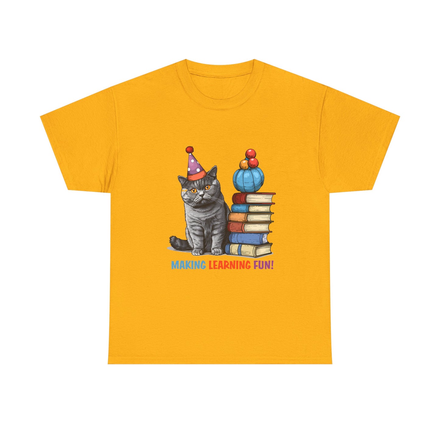 Cat Teacher T-Shirt — "Making Learning Fun!" Cute School Cat with Books Tee