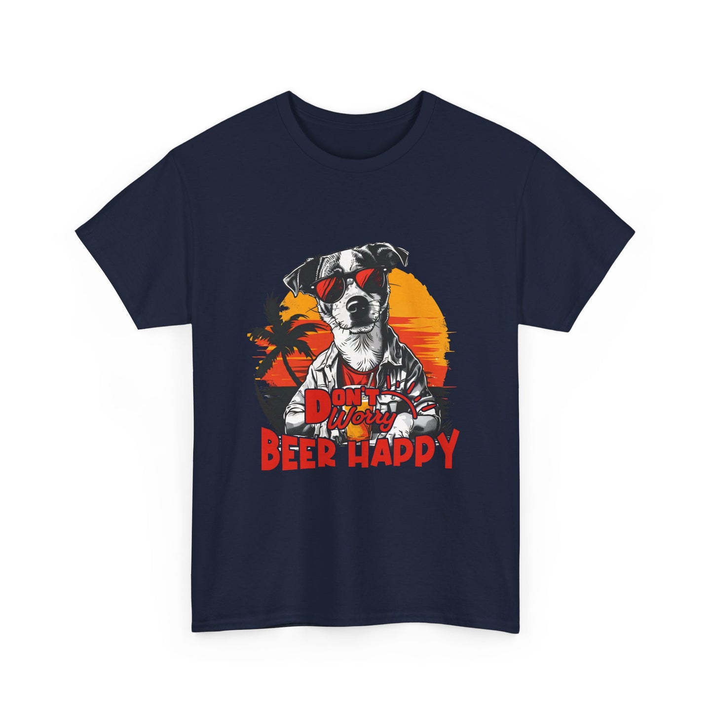 Dog With Beer T-Shirt - "Don't Worry Beer Happy" Retro Sunset Tee