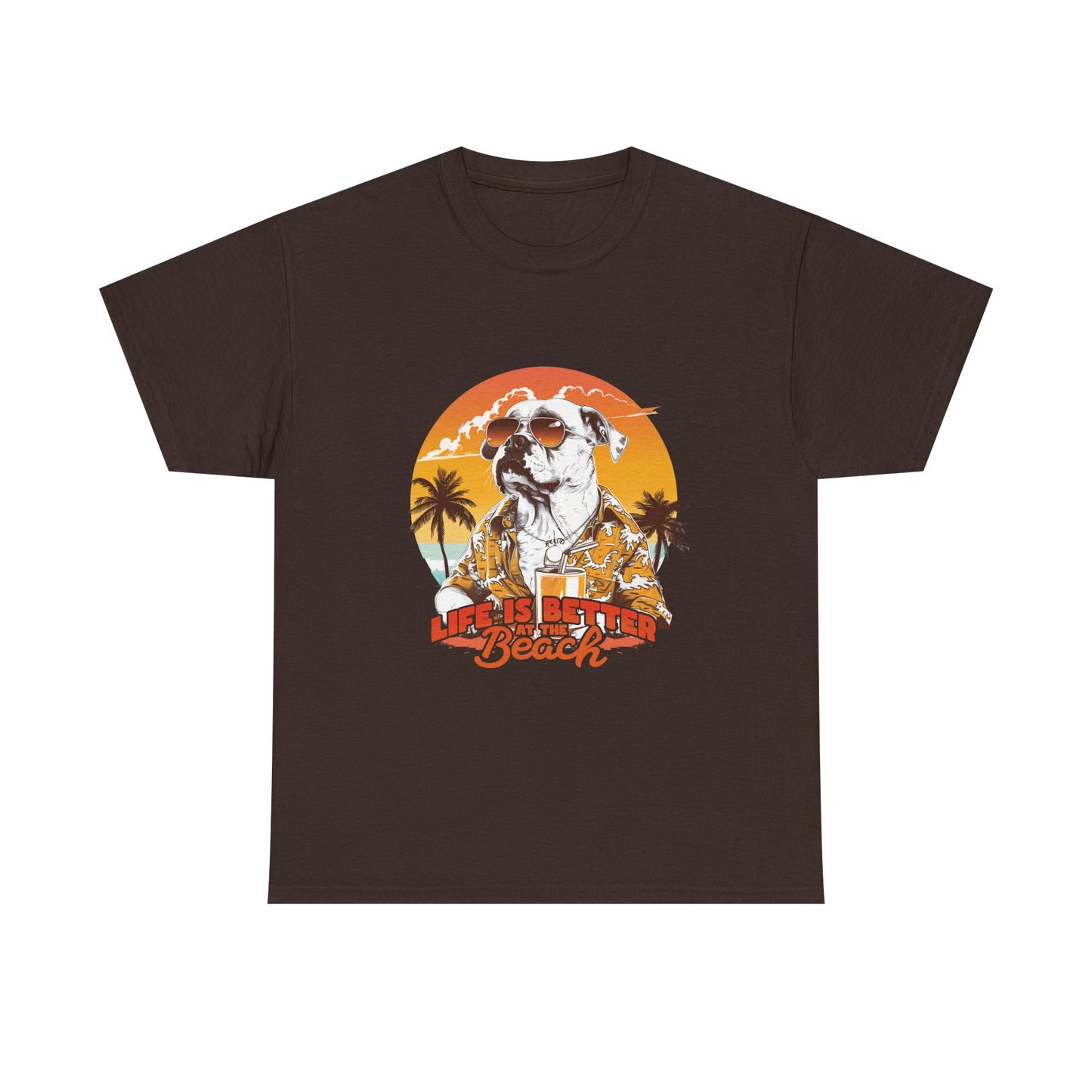 Beach Dog T-Shirt — "Life Is Better at the Beach" Retro Sunset Tee