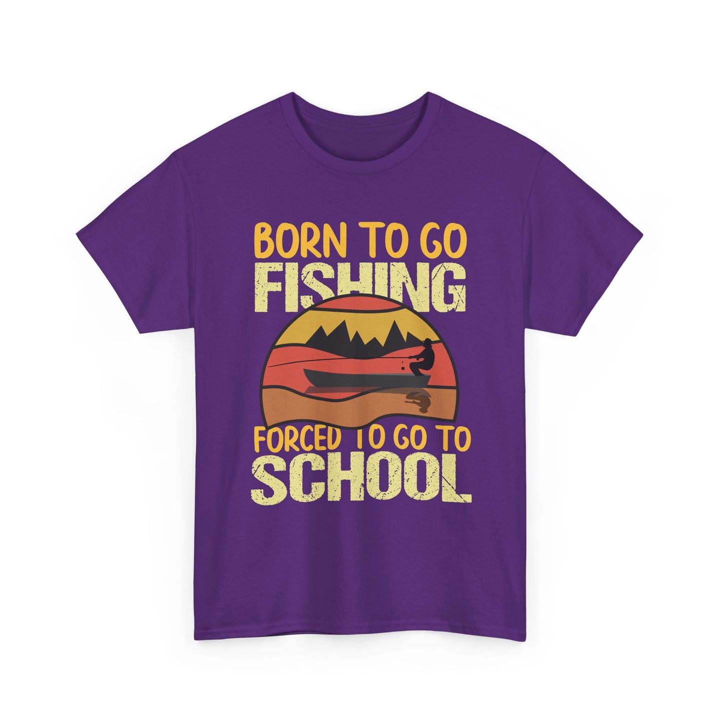 Fishing Graphic Tee - "Born to Go Fishing, Forced to Go to School" Retro Sunset T-Shirt for Kids & Teens