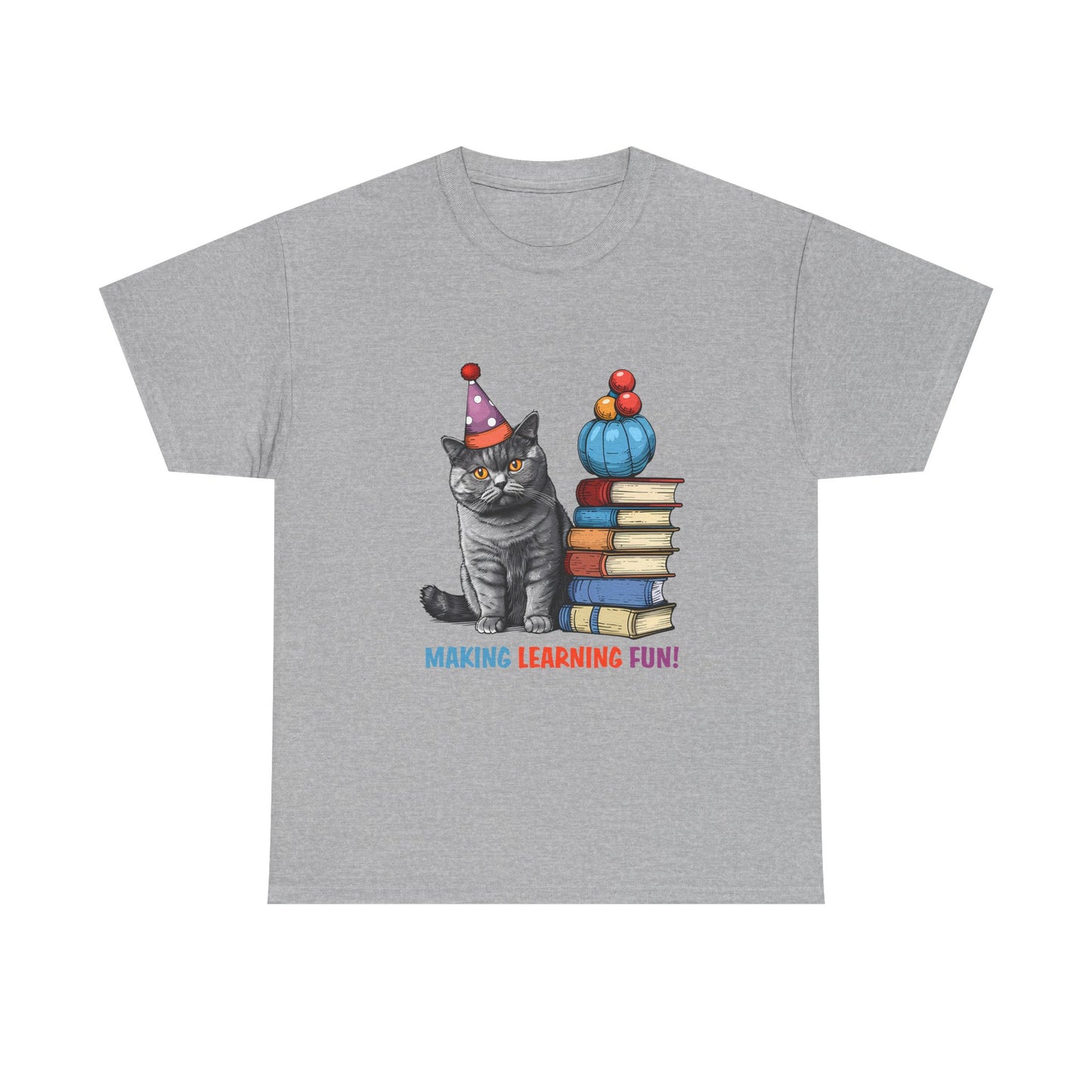 Cat Teacher T-Shirt — "Making Learning Fun!" Cute School Cat with Books Tee