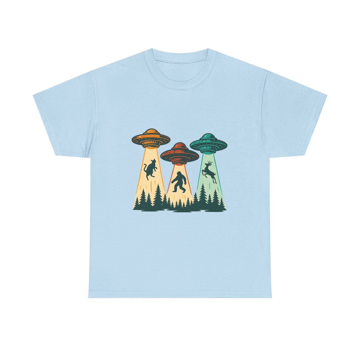 Alien Abduction UFO Tee — Retro Forest Beams T‑Shirt