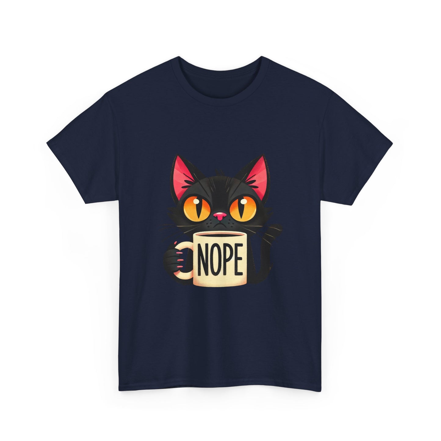 Cat 'Nope' T-Shirt — Cute Black Cat Holding 'NOPE' Mug Graphic Tee