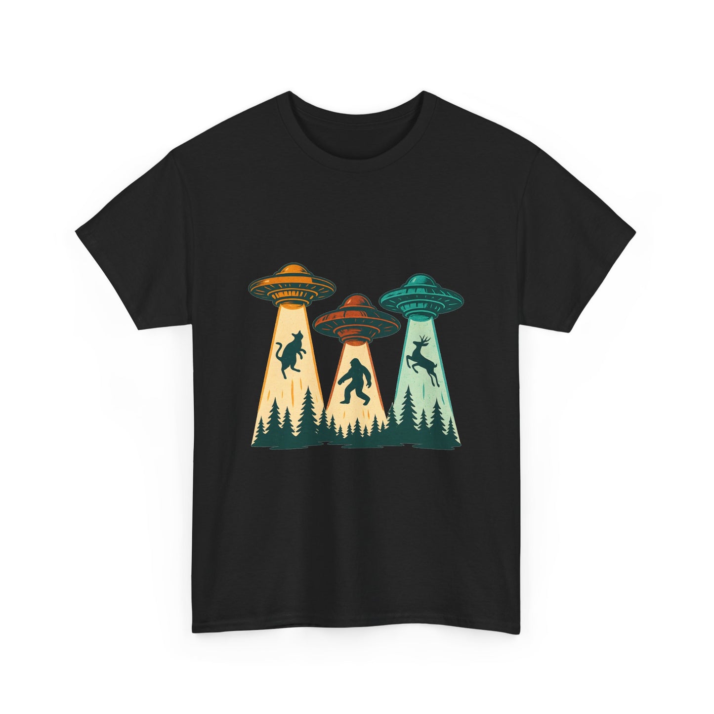 Alien Abduction UFO Tee — Retro Forest Beams T‑Shirt