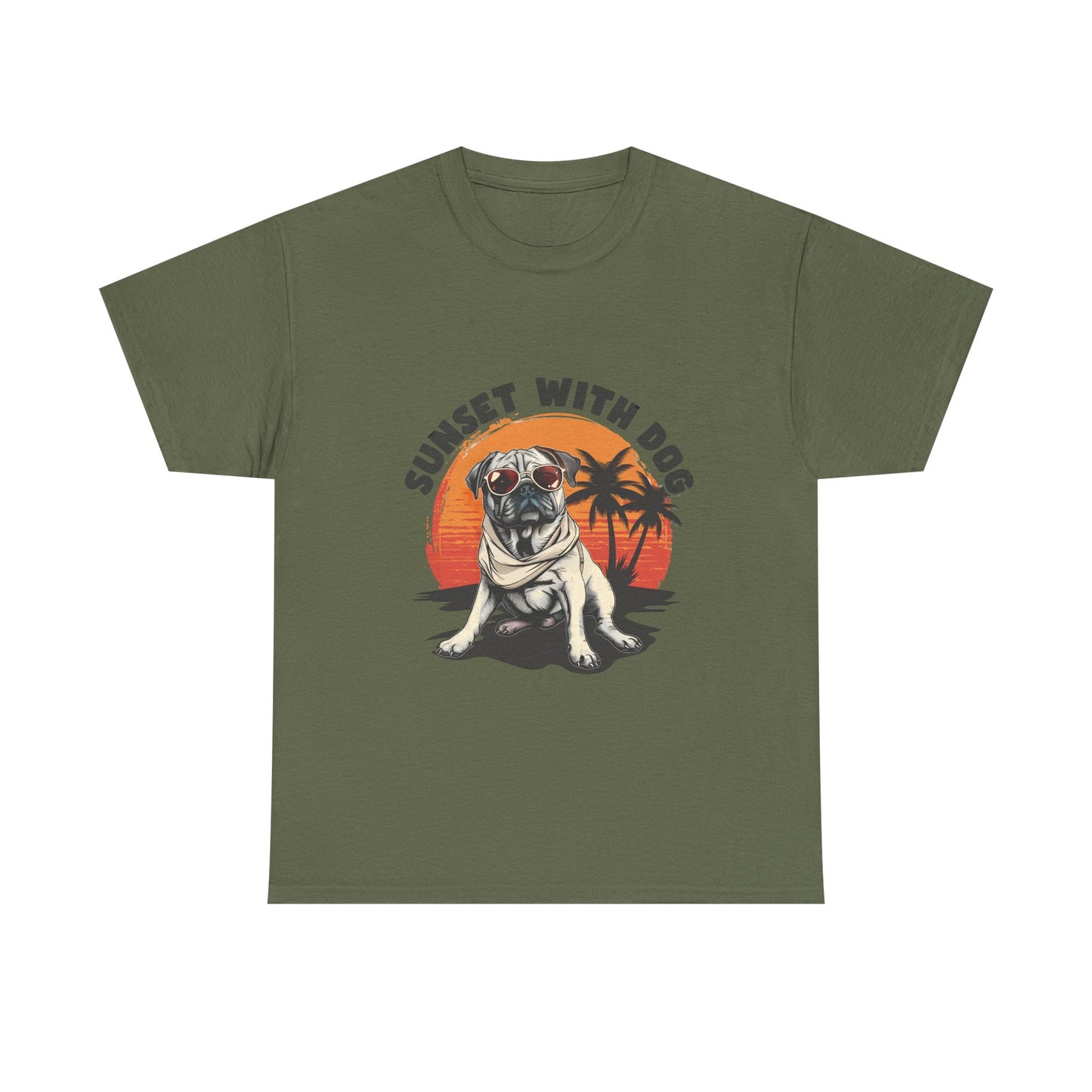 Sunset With Dog T-Shirt – Retro Beach Pug Tee