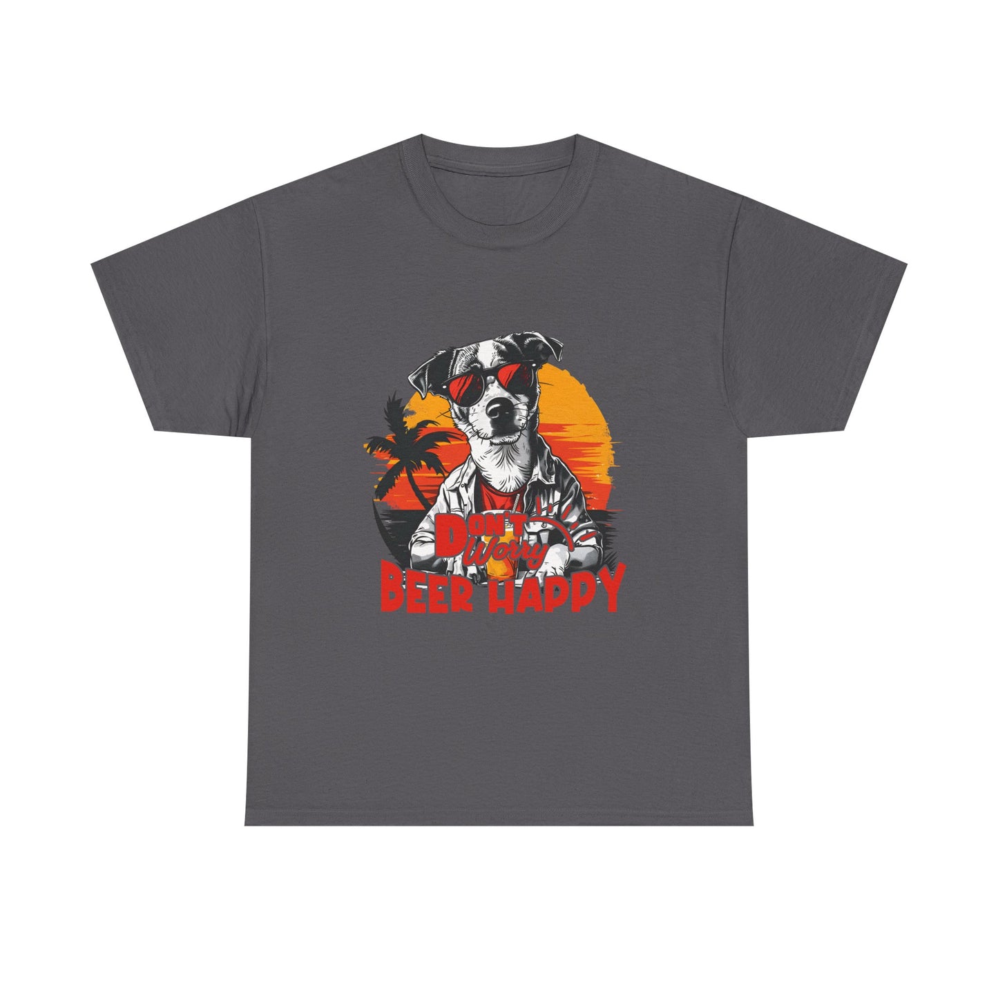 Dog With Beer T-Shirt - "Don't Worry Beer Happy" Retro Sunset Tee