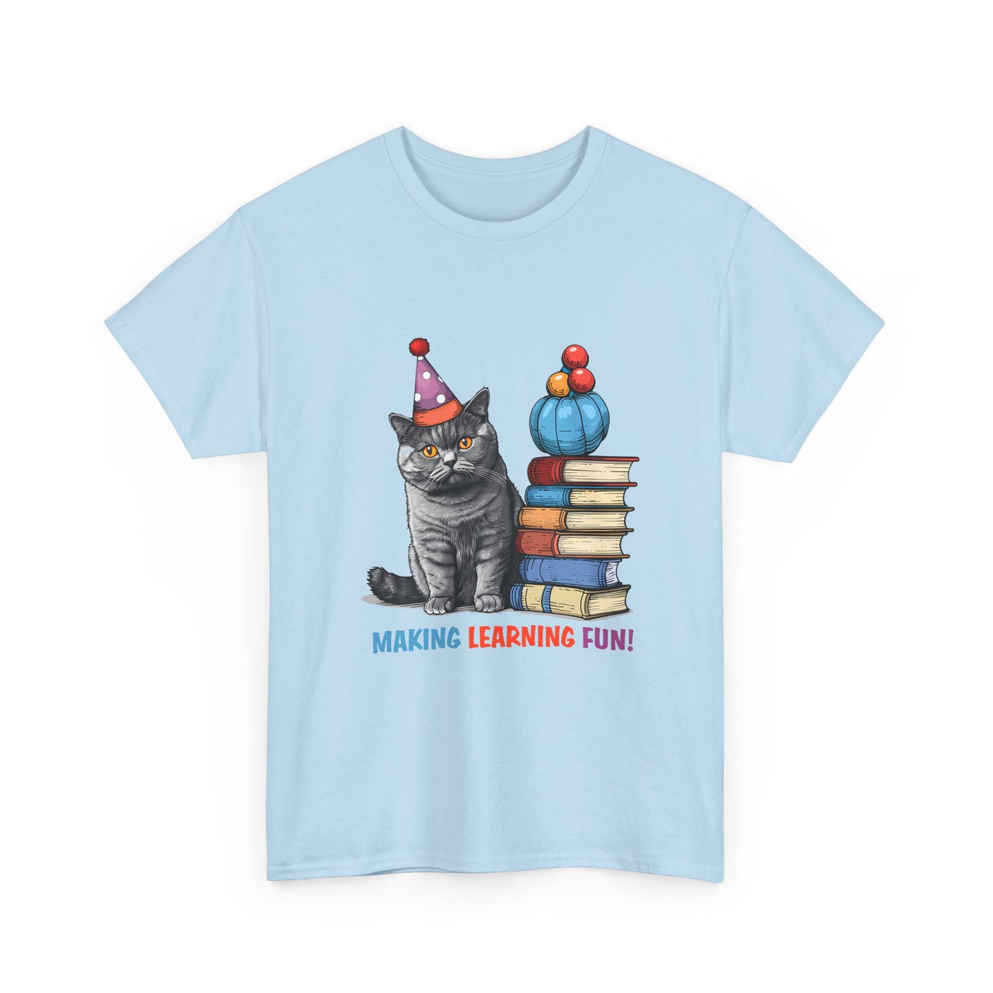 Cat Teacher T-Shirt — "Making Learning Fun!" Cute School Cat with Books Tee