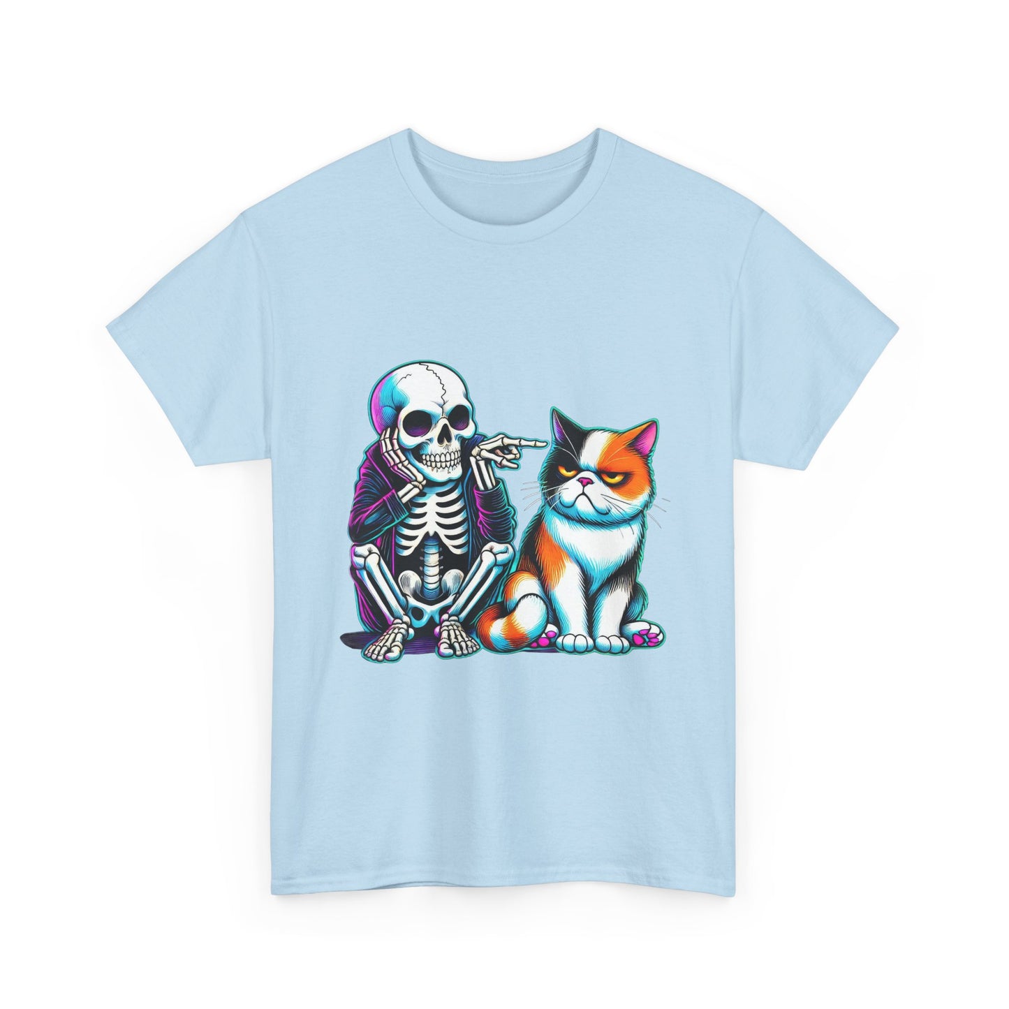 Skeleton & Cat Graphic Tee — Retro Neon Spooky Cat Shirt