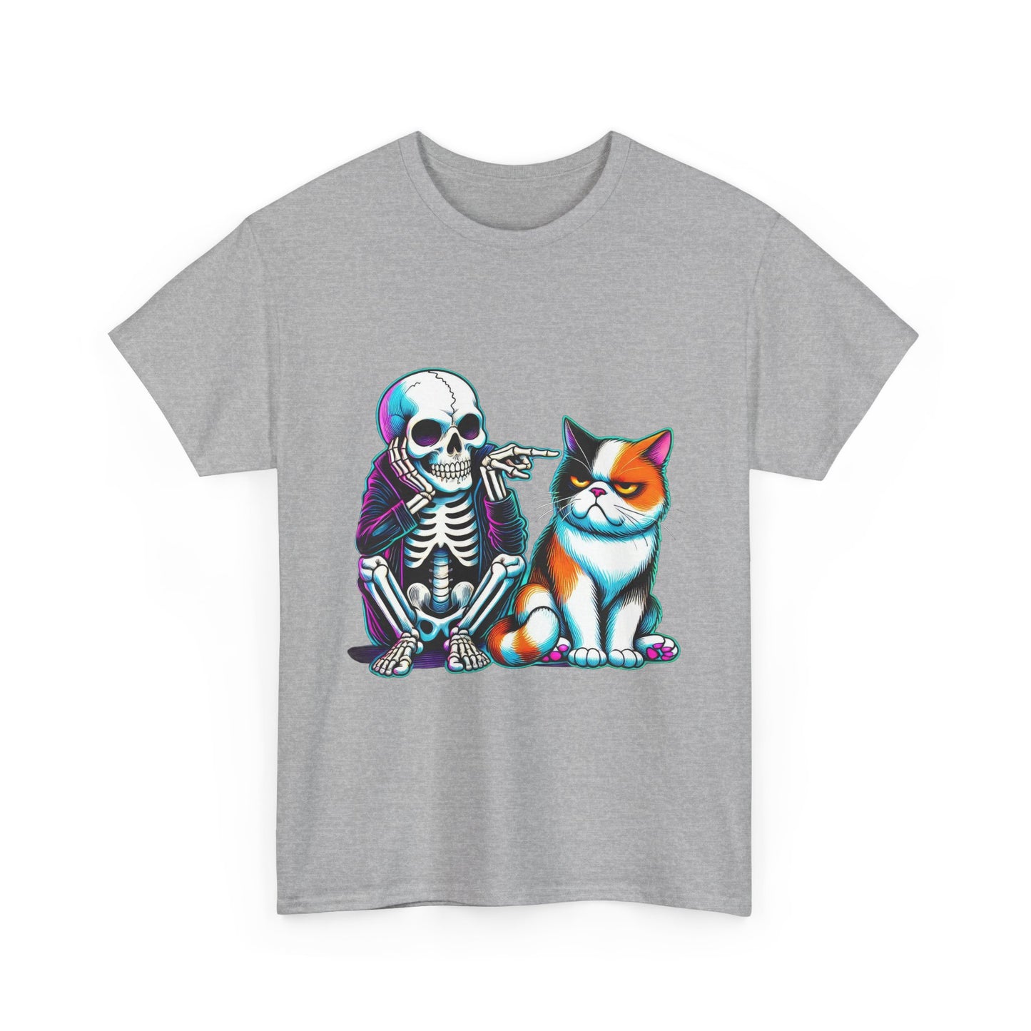 Skeleton & Cat Graphic Tee — Retro Neon Spooky Cat Shirt