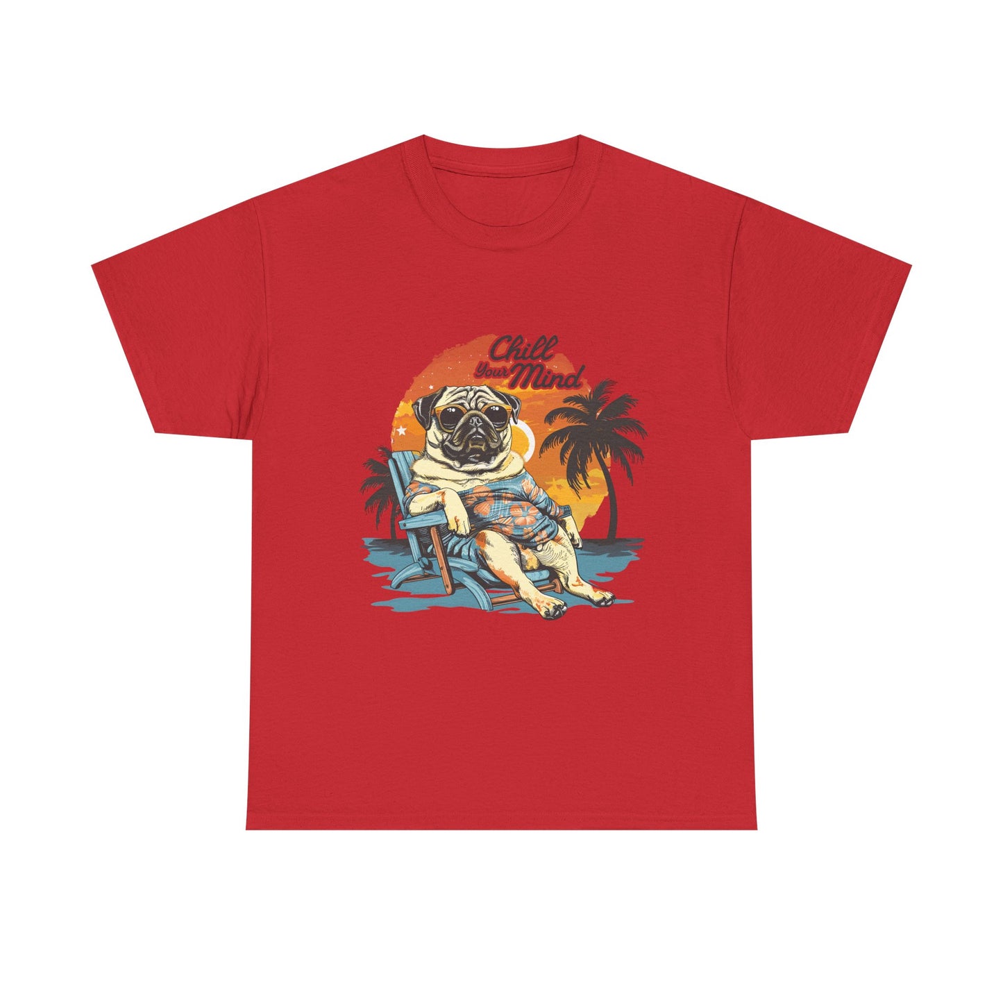 Chill Mind Pug Beach Tee — Retro Palm Sunset Vacation T‑Shirt