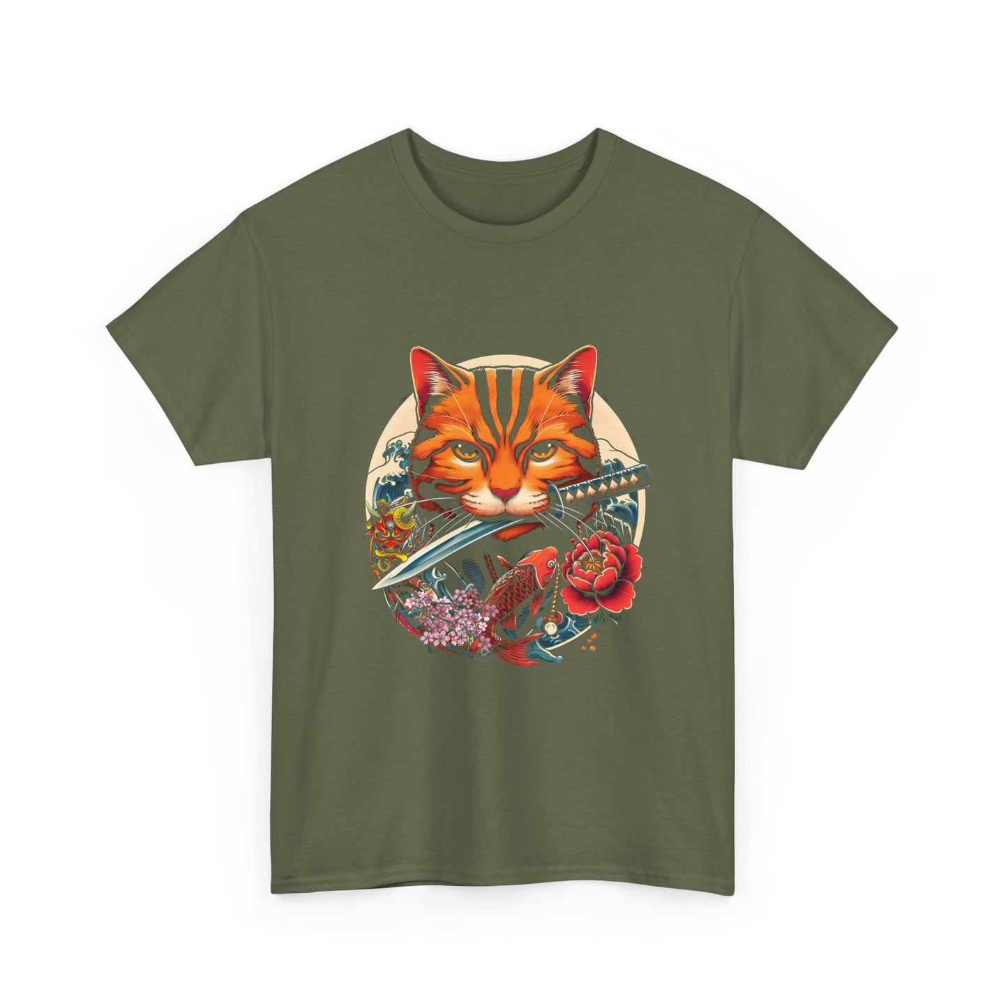 Cat Samurai T‑Shirt — Orange Tabby with Sword & Floral Crest