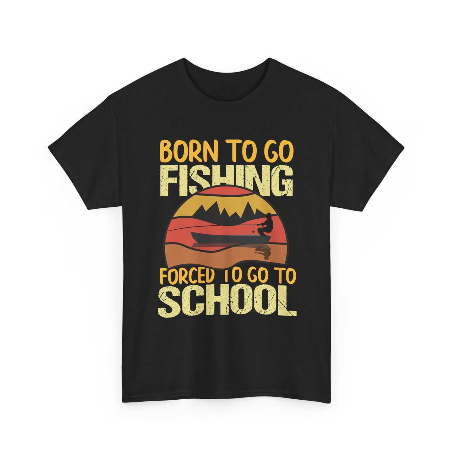 Fishing Graphic Tee - "Born to Go Fishing, Forced to Go to School" Retro Sunset T-Shirt for Kids & Teens