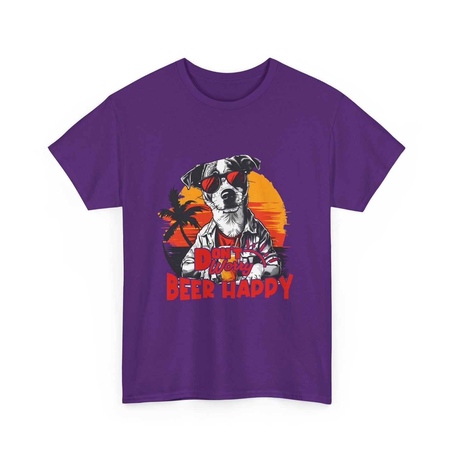 Dog With Beer T-Shirt - "Don't Worry Beer Happy" Retro Sunset Tee