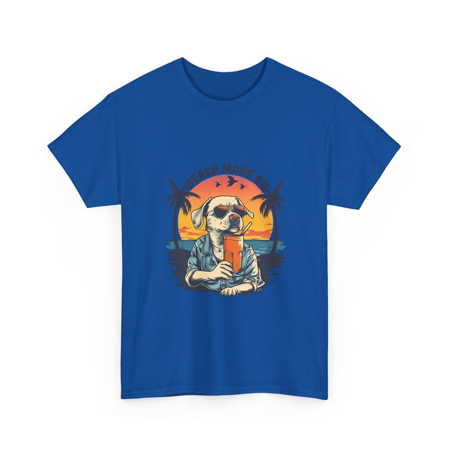 Beach Mode On T-Shirt - Retro Sunglasses Dog Drinking Cocktail, Summer Vacation Tee