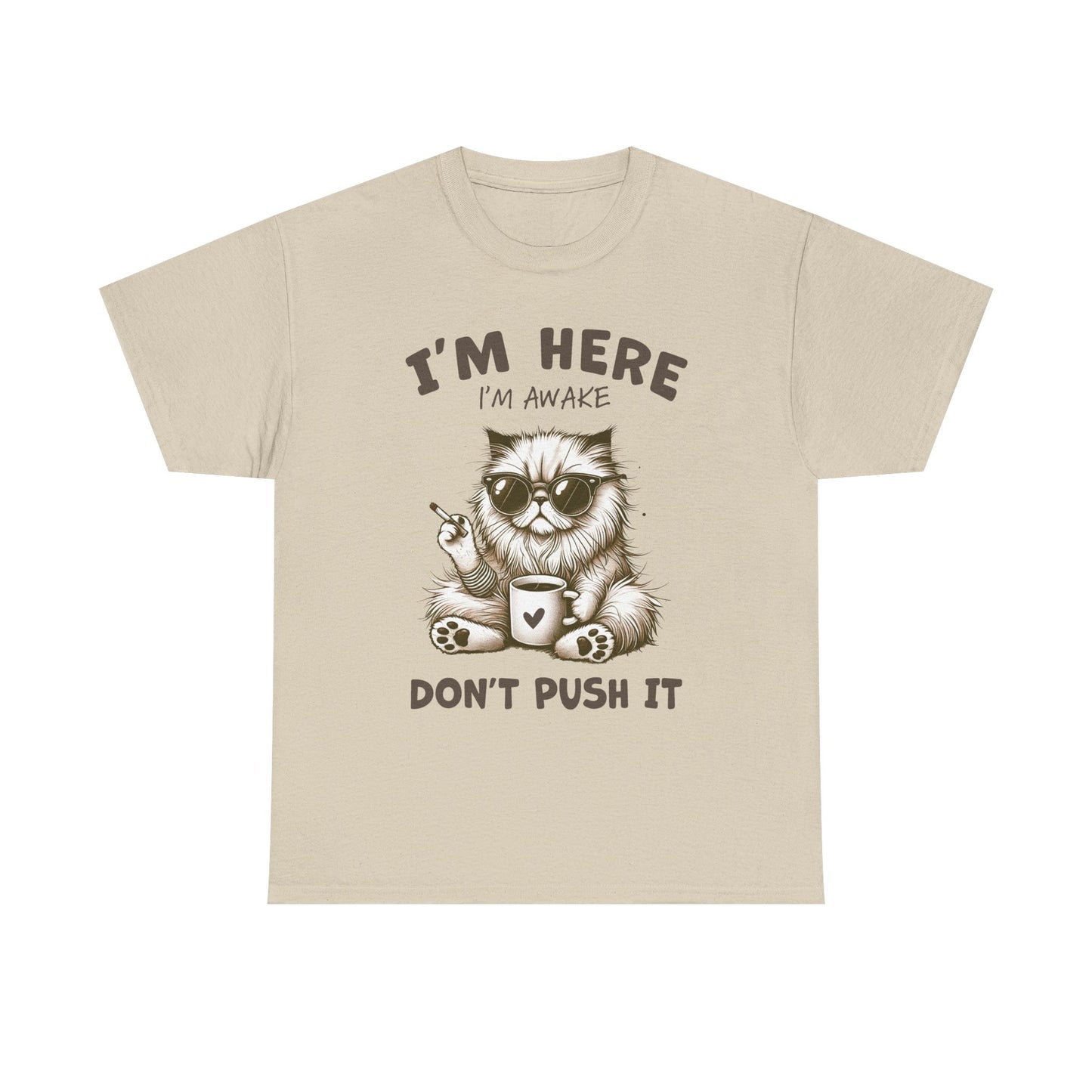 I'm Here I'm Awake Don’t Push It Cat T-Shirt — Funny Coffee Cat Tee for Cat Lovers