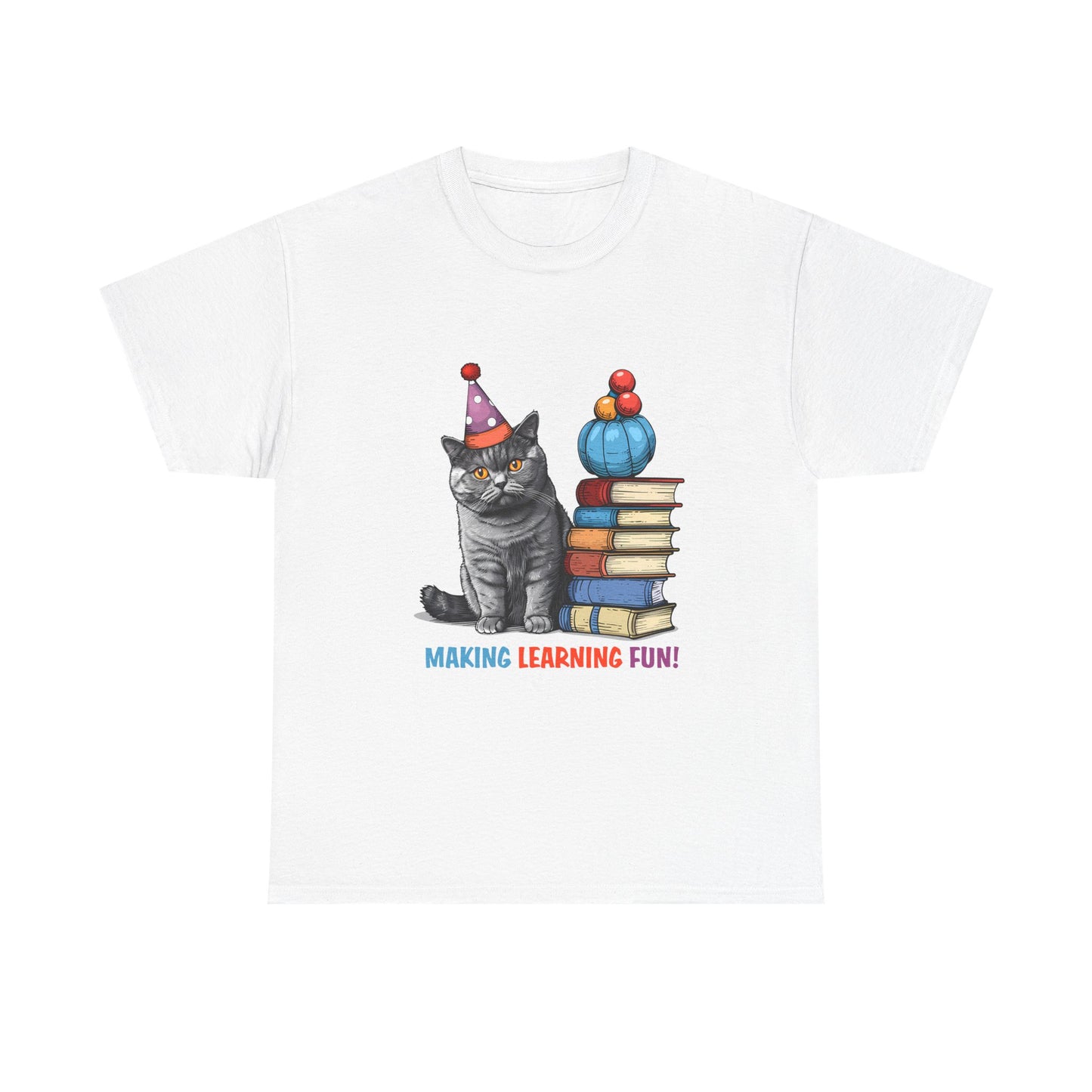 Cat Teacher T-Shirt — "Making Learning Fun!" Cute School Cat with Books Tee