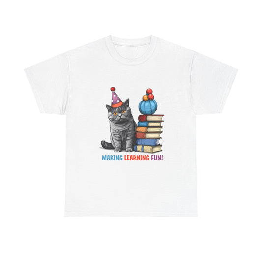 Cat Teacher T-Shirt — "Making Learning Fun!" Cute School Cat with Books Tee