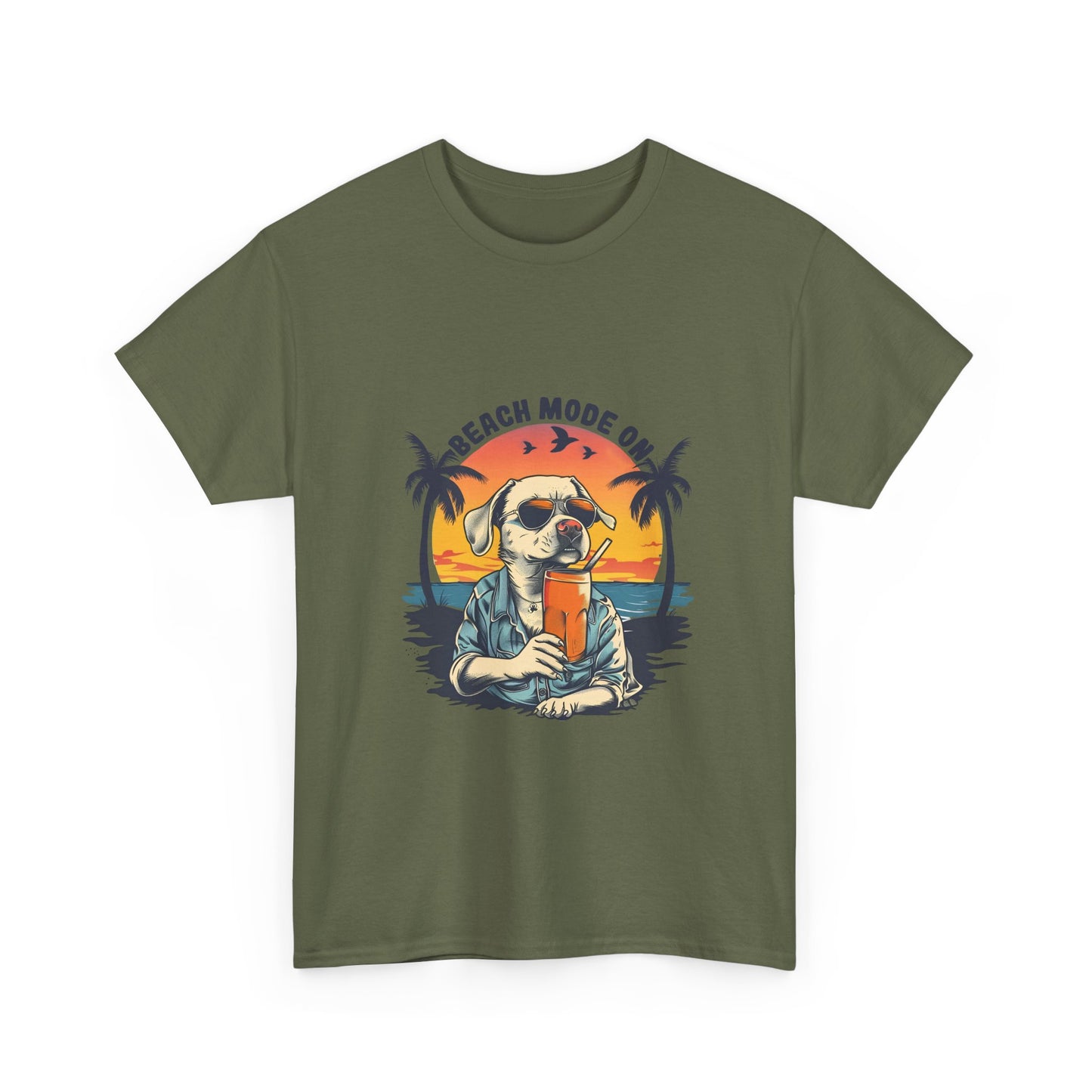 Beach Mode On T-Shirt - Retro Sunglasses Dog Drinking Cocktail, Summer Vacation Tee