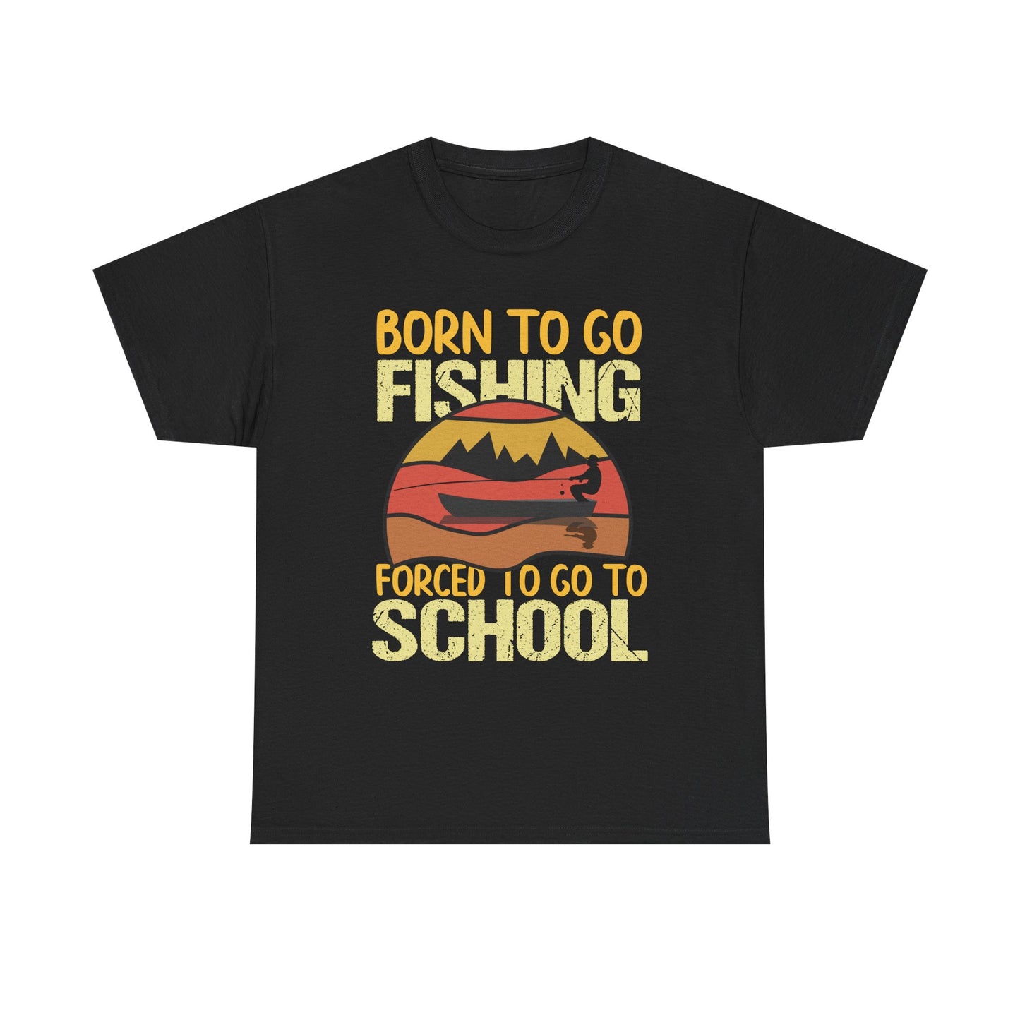 Fishing Graphic Tee - "Born to Go Fishing, Forced to Go to School" Retro Sunset T-Shirt for Kids & Teens