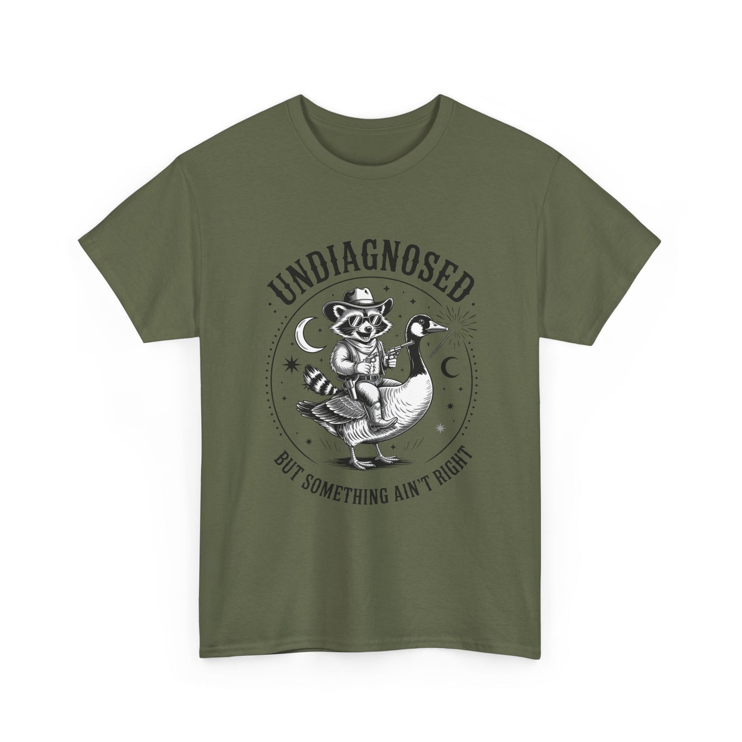 Undiagnosed But Something Ain't Right T-Shirt — Funny Retro Raccoon Riding Goose Tee
