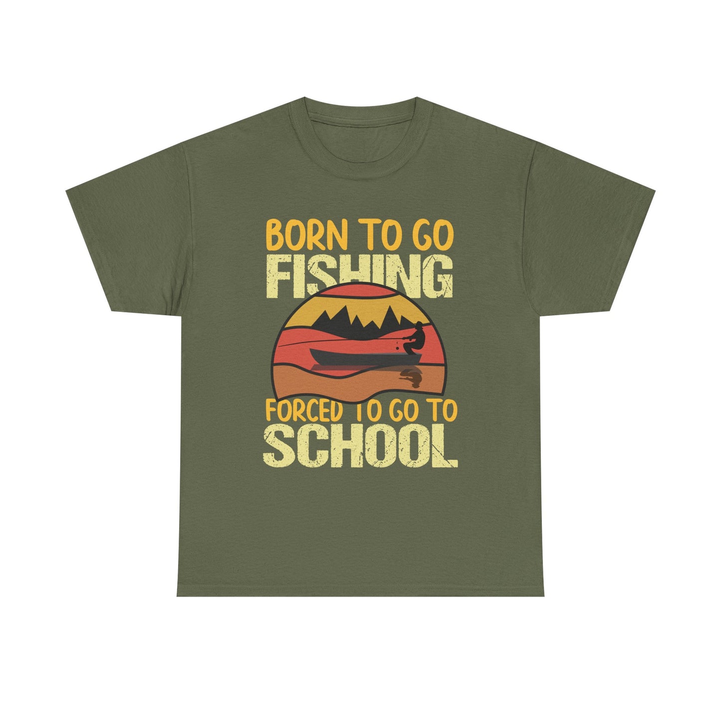Fishing Graphic Tee - "Born to Go Fishing, Forced to Go to School" Retro Sunset T-Shirt for Kids & Teens